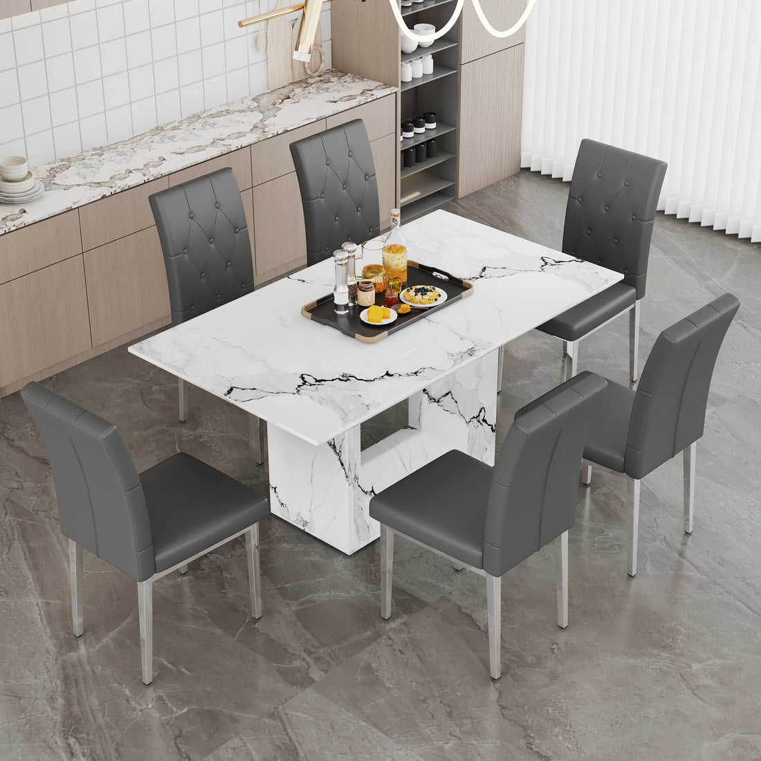 Table And Chair Set.63"X35.4" White Marble Patterned Mdf Dining Table Set With 6 Armless Dark Gray Pu Chairs.Showcasing A Modern And Stylish Look. Dark Gray,White Seats 6 Mdf Metal