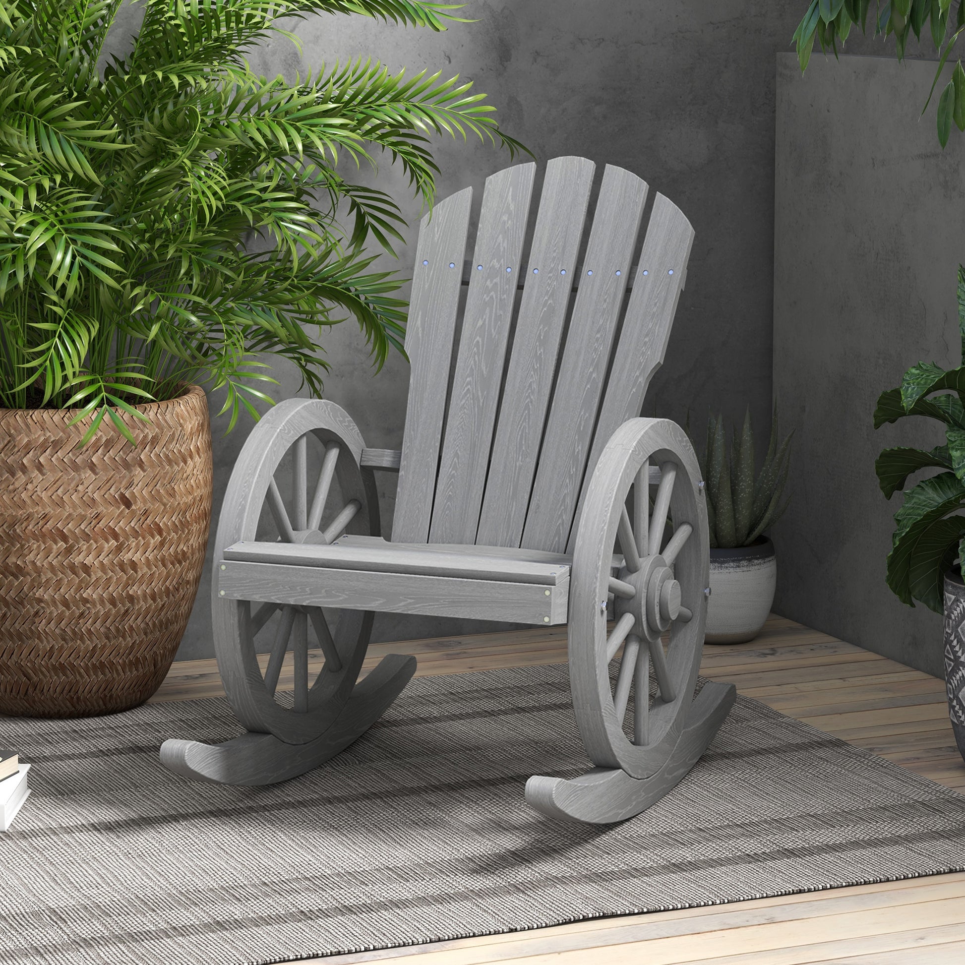 Outsunny Wooden Rocking Chair, Adirondack Rocker Chair W Slatted Design And Oversized Back, Outdoor Rocking Chair With Wagon Wheel Armrest For Porch, Poolside, And Garden, Gray Gray Wood