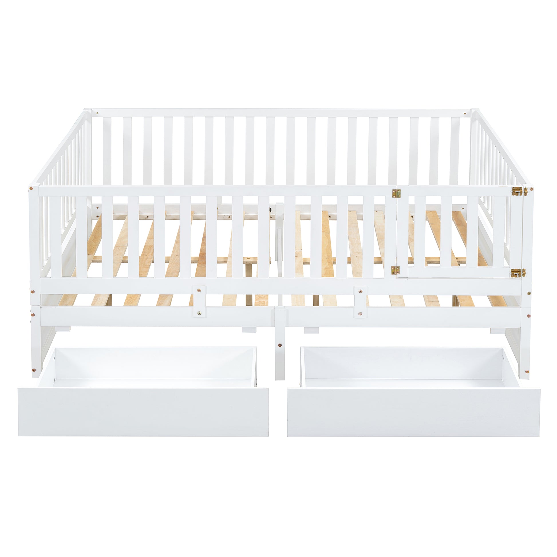 Full Size Wood Daybed With Fence Guardrails And 2 Drawers, Split Into Independent Floor Bed & Daybed, White Old Sku :Lp000882Aak Full White Solid Wood Mdf