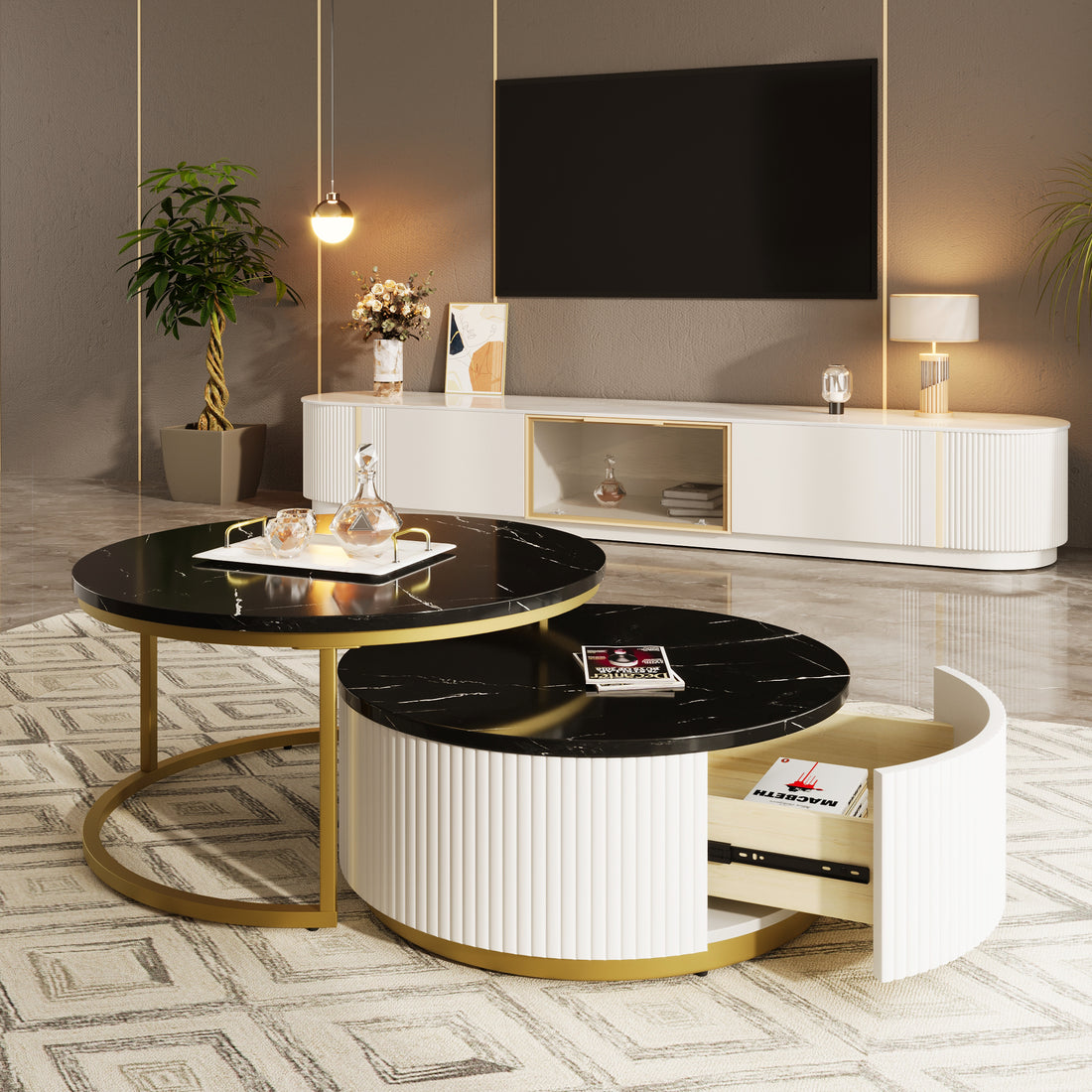 Modern Round Nesting Coffee Table Fluted With Drawer In Black & Gold In 31.5'' Golden Black Drawers Coffee & End Tables Glossy Round Metal Mdf Pedestal