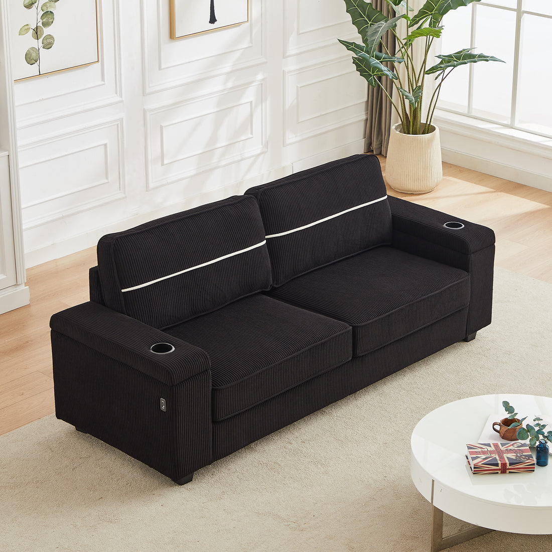 86.5 Inch Sofa Couch Deep Seat Sofa With Two Storage Spaces, T Pyce Charging Portsusb Charging Ports & 2 Cup ,Corduroy 3 Seater Couch, Modern Sofas For Living Room Black Foam Corduroy 3 Seat