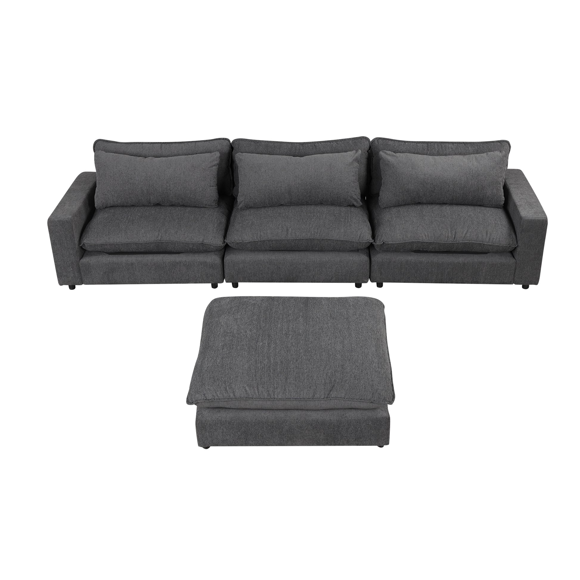 128" Sectional Sofa Cloud Sofa Chenille Upholstered Sofa Couch With Movable Ottoman, Comfortable Seat Cushions, Charging Ports And Three Back Pillows For Living Room, Grey Grey Foam Chenille 4 Seat