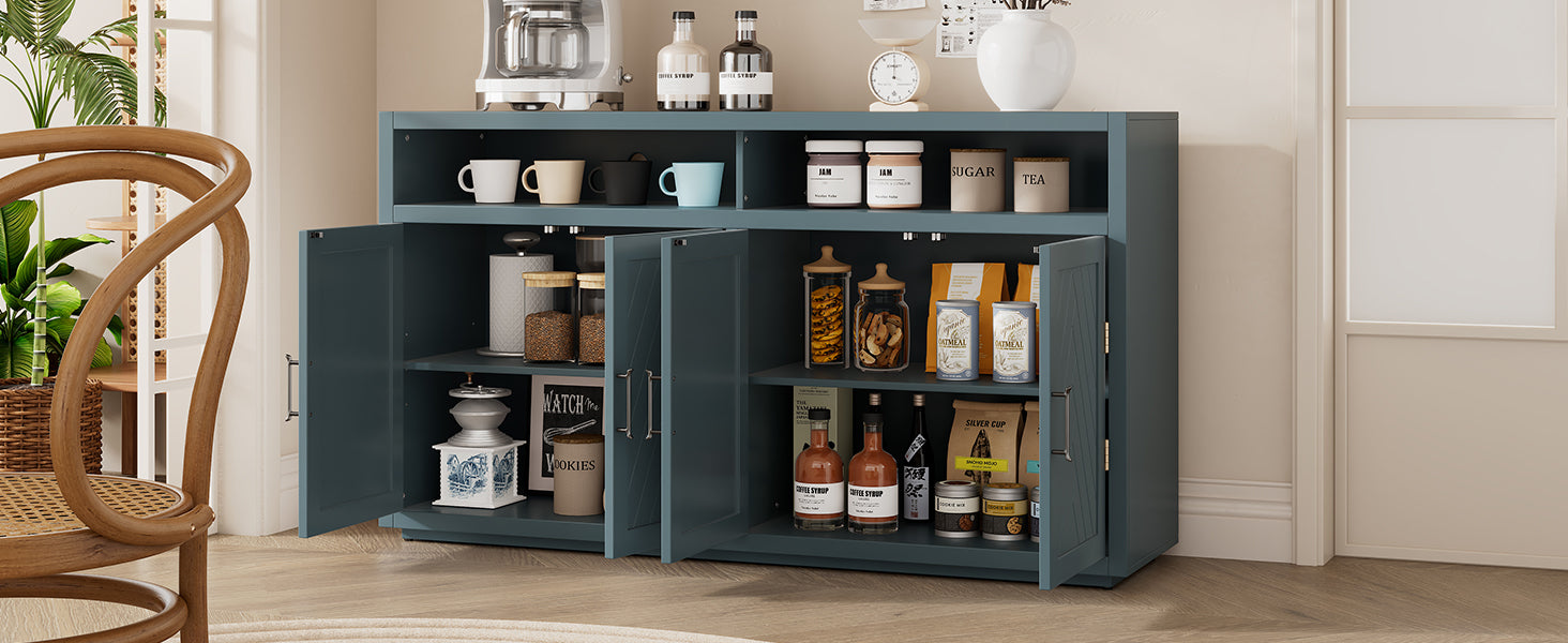 4 Door Classic Sideboard With Open Storage And Adjustable Shelves Perfect For Kitchens, Living Rooms Smoke Blue Smoke Blue Mdf