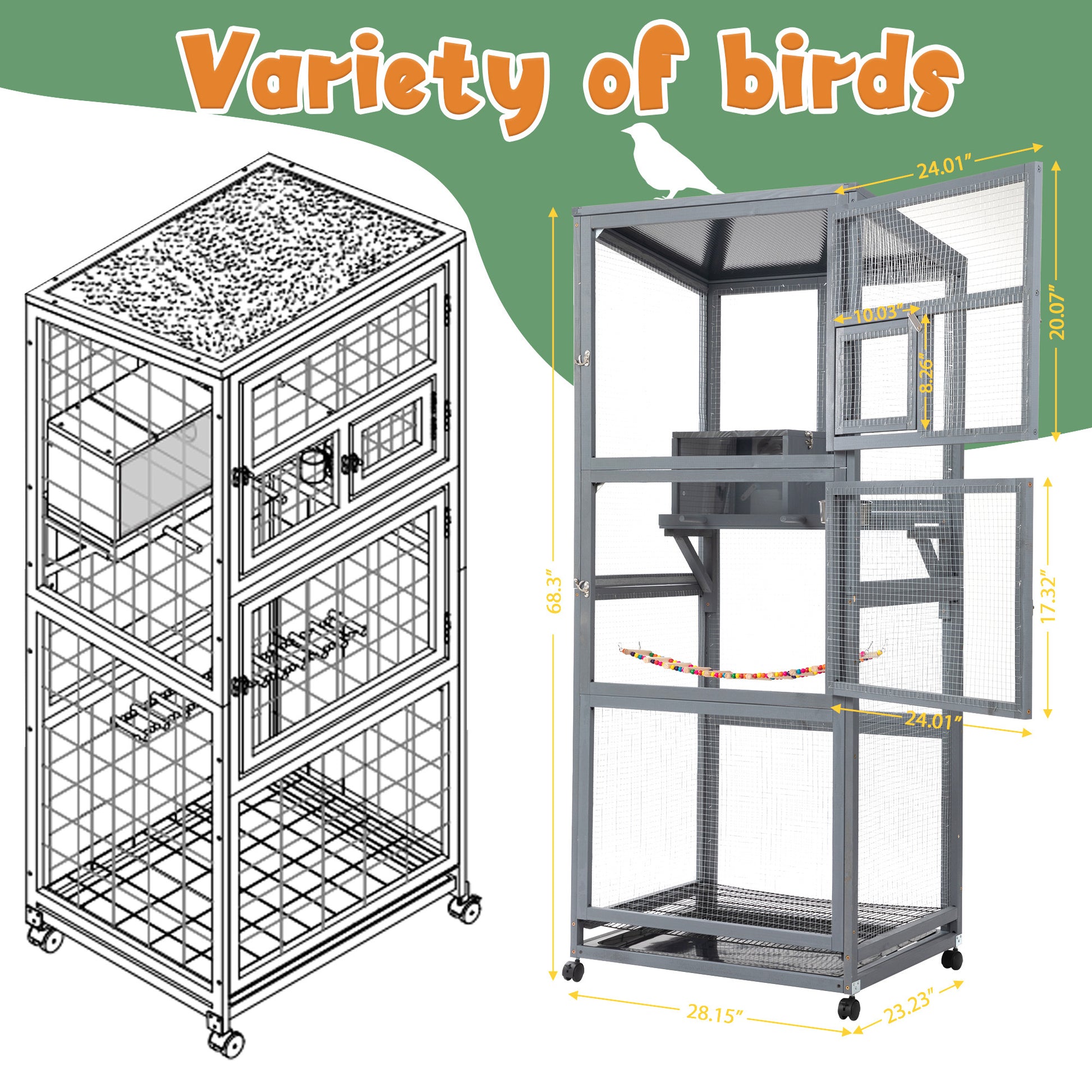 Wood Bird Cage With Universal Wheels Gray Gray Wood Metal