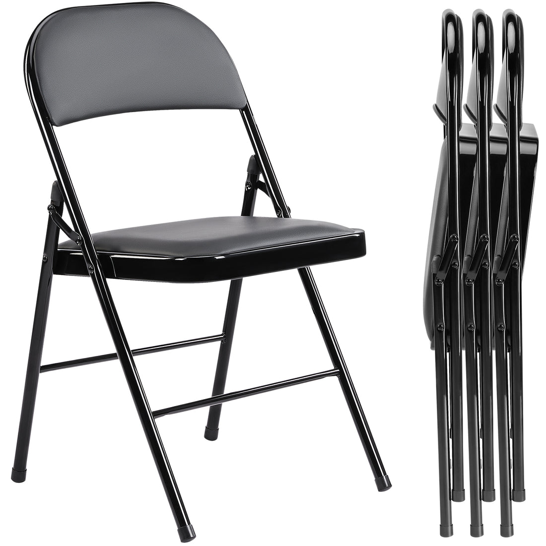 Folding Chair 2 Pack, Leather Padded Folding Chairs, Sturdy Metal Foldable Chairs, For Home, Office, Party, Black 4 Pack Black Stainless Steel