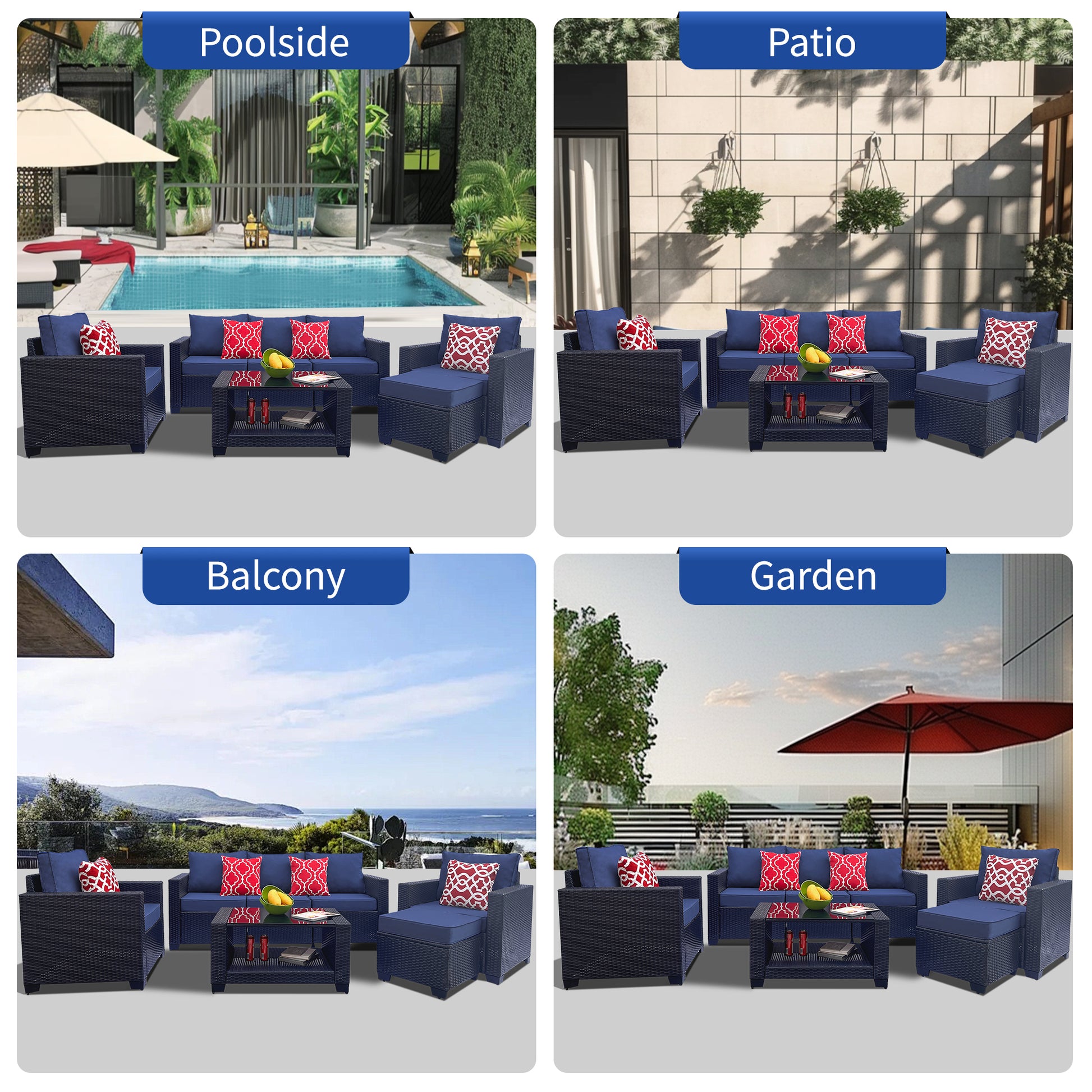 Outdoor Garden Patio Furniture 7 Piece Pe Rattan Wicker Cushioned Sofa Sets And Coffee Table, Patio Furniture Set Outdoor Couch Outdoor Couch Patio Furniture Outdoor Sofa Patio Couch Yes Complete Patio Set Dark Coffee Blue Seats 6 Weather Resistant Frame