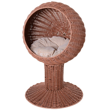 Pawhut Elevated Cat Bed With Rotatable Egg Chair Pod, Cat Basket Bed With Thick Cushion, Natural Mat Grass Woven Kitty House, Brown Brown Rattan