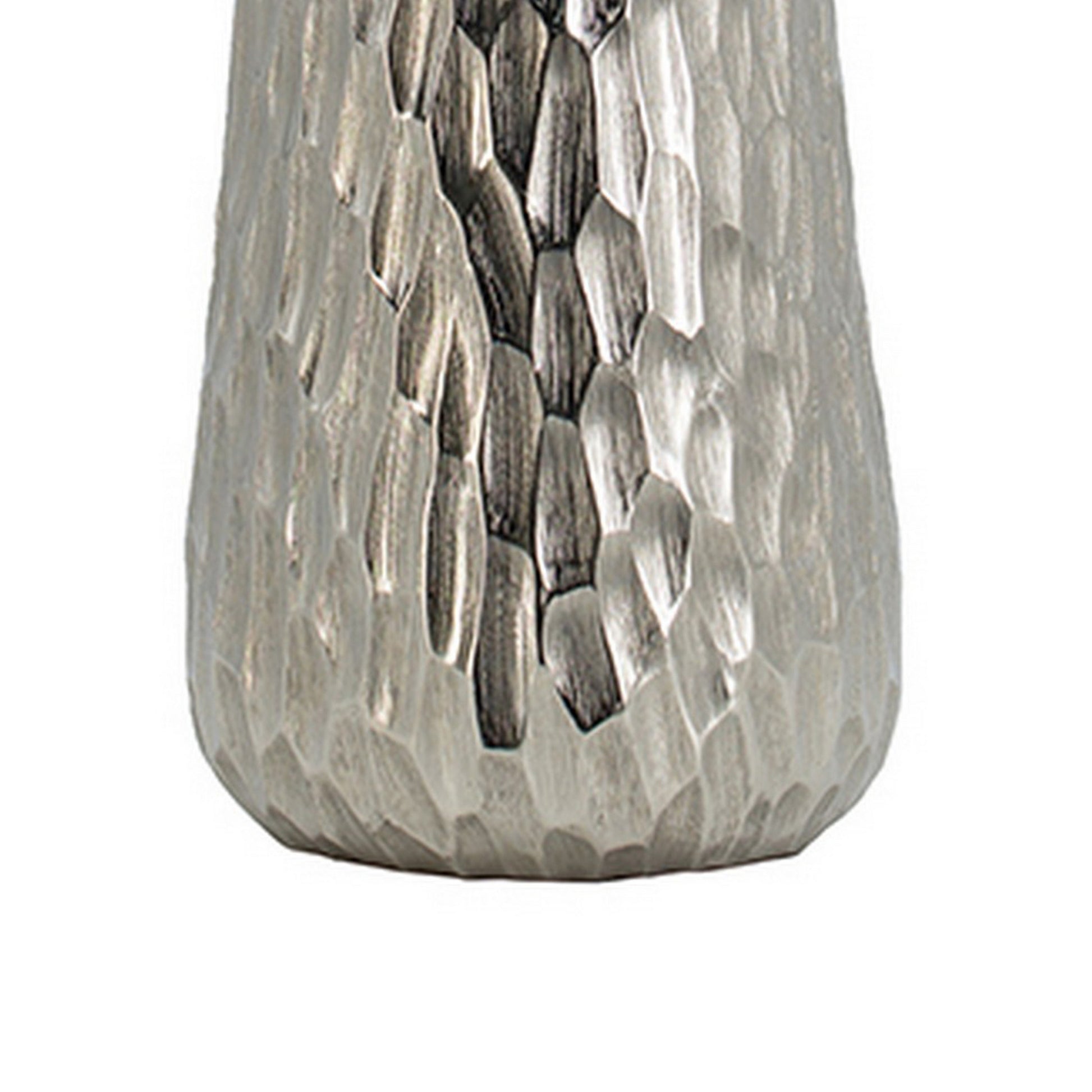 19 Inch Contemporary Tall Oblong Vase, Silver Aluminum, Hammered Texture Silver Aluminium