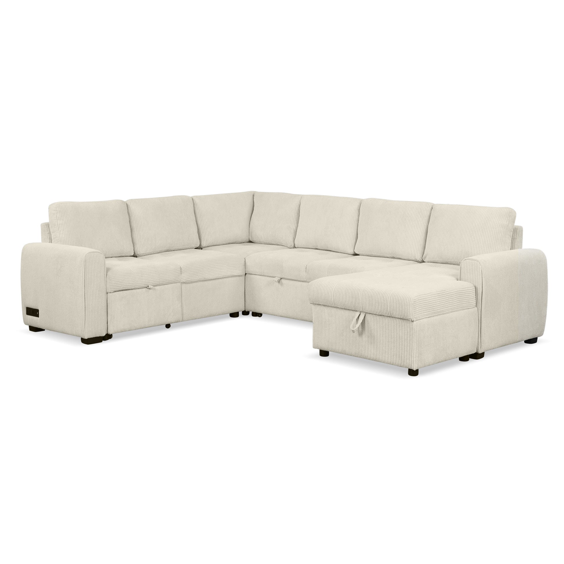 107.5" U Shaped Sofa Sectional Sofa Pull Out Sofa Bed With A Storage Chaise Lounge, Charging Devices For Living Room, Beige Beige Foam Corduroy 5 Seat