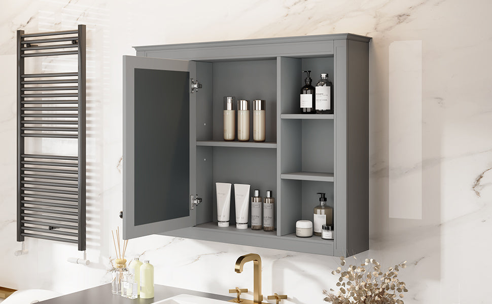 35'' X 27.5'' Medicine Cabinet, Wall Mounted Bathroom Storage Cabinet, Modern Bathroom Wall Cabinet With Mirror, Mirror Cabinet With 6 Open Shelves Not Include Bathroom Vanity Grey 1 5 Mirror Included Bathroom Wall Mounted Mdf Painted