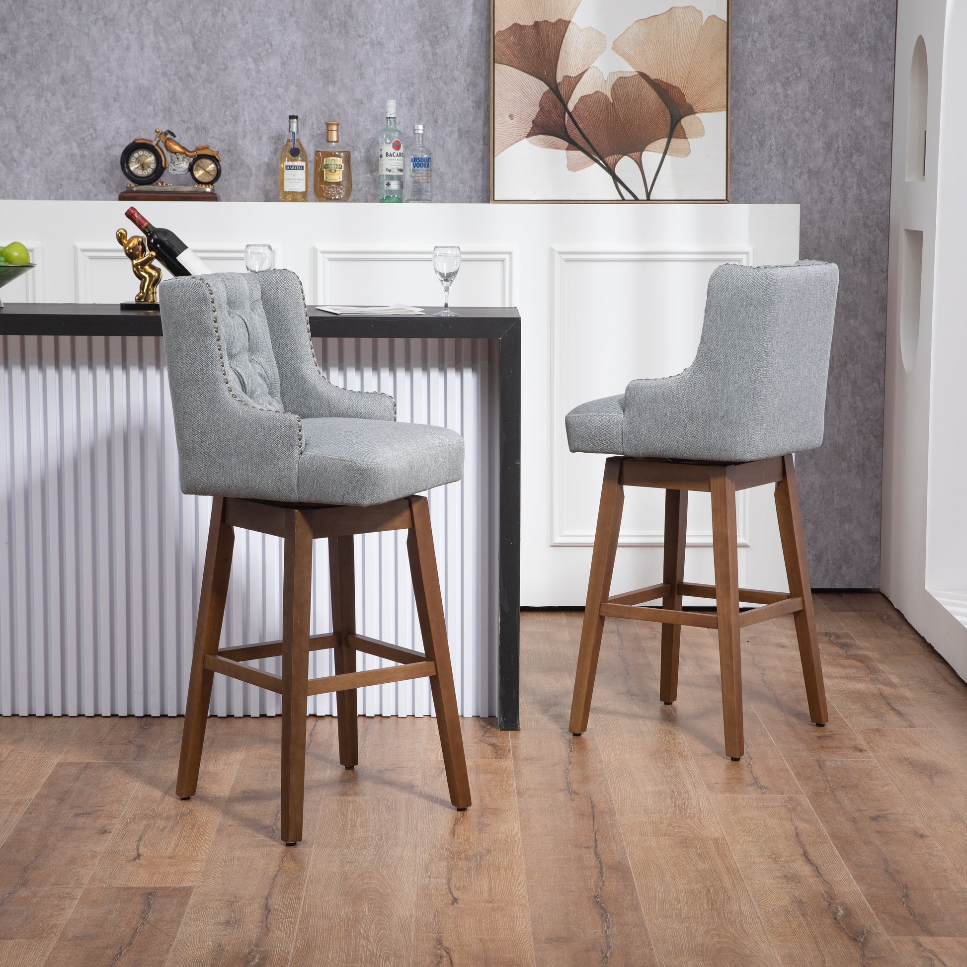 Coolmore Bar Stools Set Of 2 Counter Height Chairs With Footrest For Kitchen, Dining Room And 360 Degree Solid Wood Legs Swivel Bar Stools Set Of 2 Gray Linen Gray Foam Linen