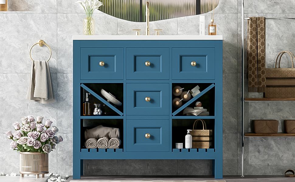 36'' Bathroom Vanity With Resin Sink Combo, Solid Wood Frame Bathroom Storage Cabinet, Freestanding Vanity Set With 5 Drawers& Soft Closing Doors Same As Sw000141Aam Blue Bathroom Solid Wood Mdf Resin