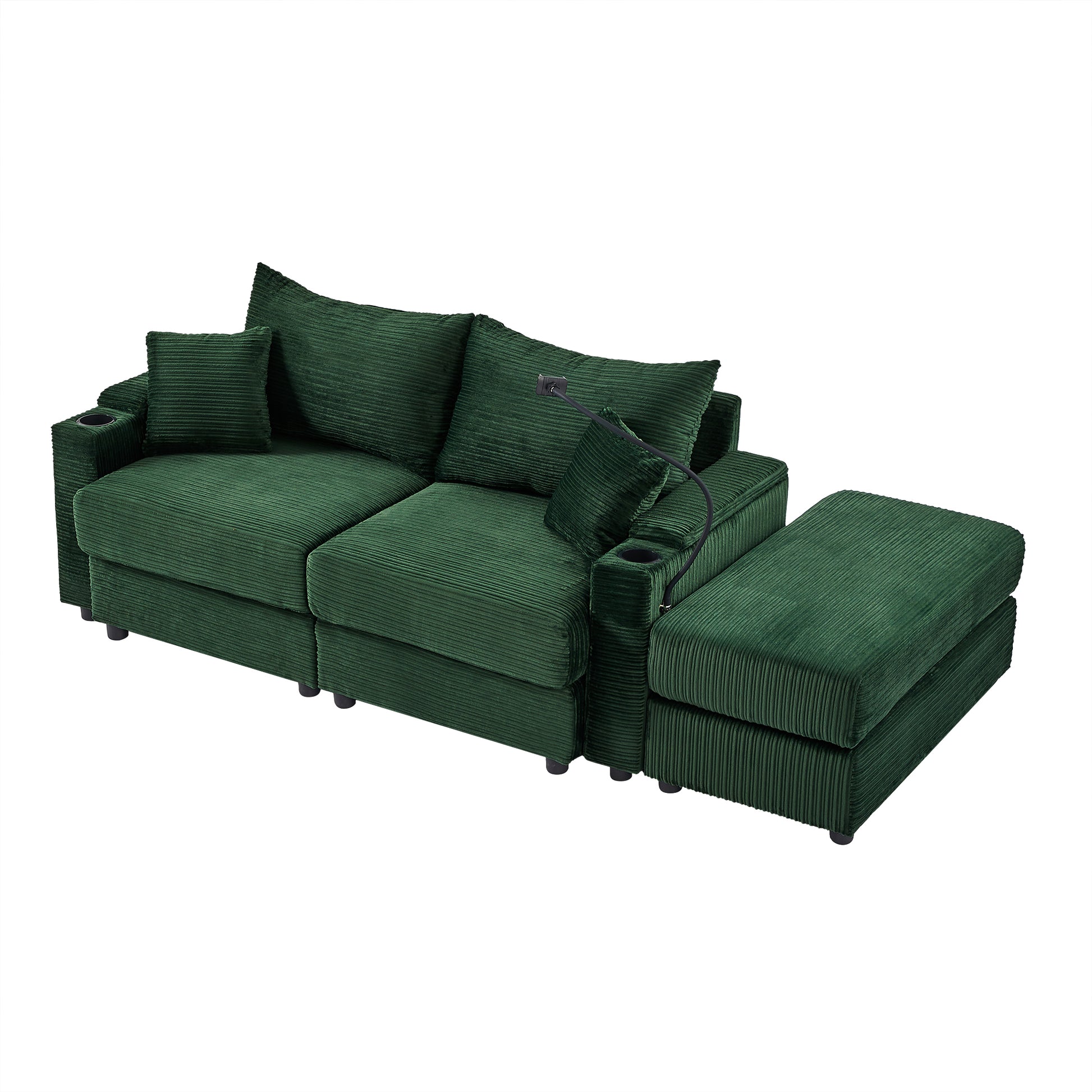 72.8" Modern Style Loveseat Sofa Sectional Sofa Couch With Storage Space, A Movable Ottoman, Two Usb Ports, Two Cup Holders, A Phone Holder For Living Room, Green Green Foam Corduroy 3 Seat