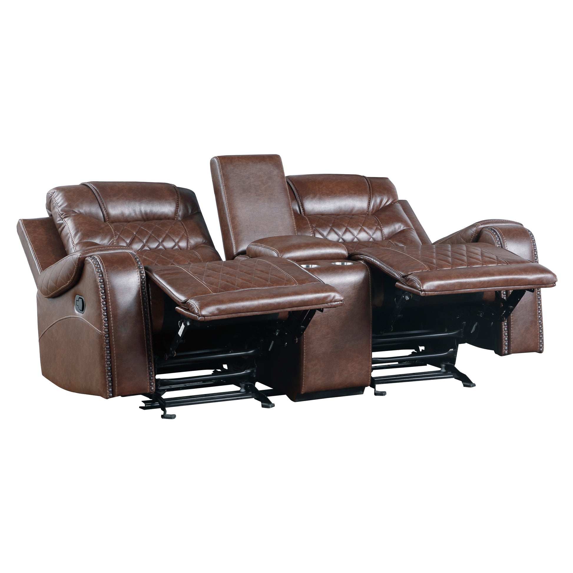 Luxurious Living Room Furniture 2Pc Reclining Sofa Set Brownfaux Leather Upholstery Center Drop Down Cup Holders, Power Outlets, Usb Ports, Diamond Pattern Stitching Brown Faux Leather Wood Primary Living Space Luxury,Modern Solid Wood 5 Seat