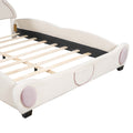 Queen Size Velvet Platform Bed With Bear Shaped Headboard, With Bed End Storage Pocket, Beige Queen Beige Plywood