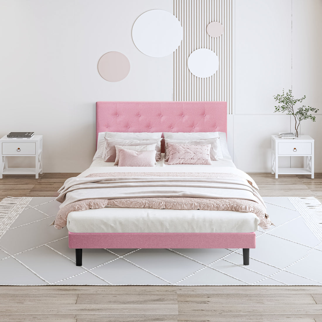 Queen Size Upholstered Platform Bed Frame With Modern Button Tufted Linen Fabric Headboard, No Box Spring Needed, Wood Slat Support, Easy Assembly, Pink Queen Pink Linen