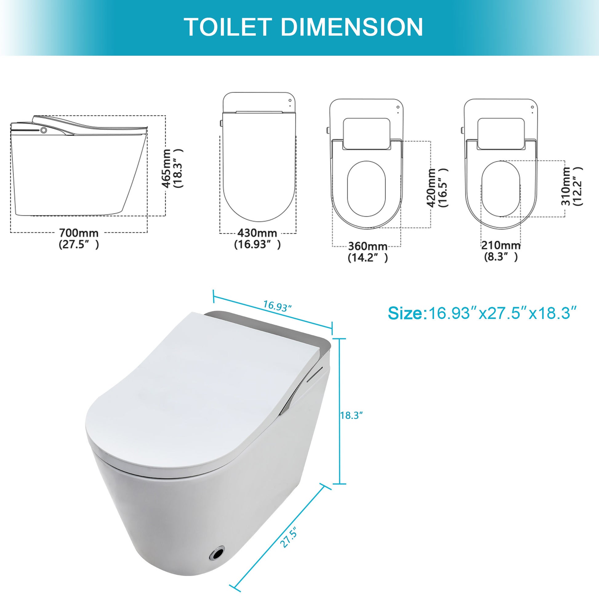 Smart Toilet With Bidet Built In, Auto Open & Close, Elongated Heated Seat, Foot Sensor Flush, Led Display, Warm Water Wash, Dryer, Night Light White Ceramic