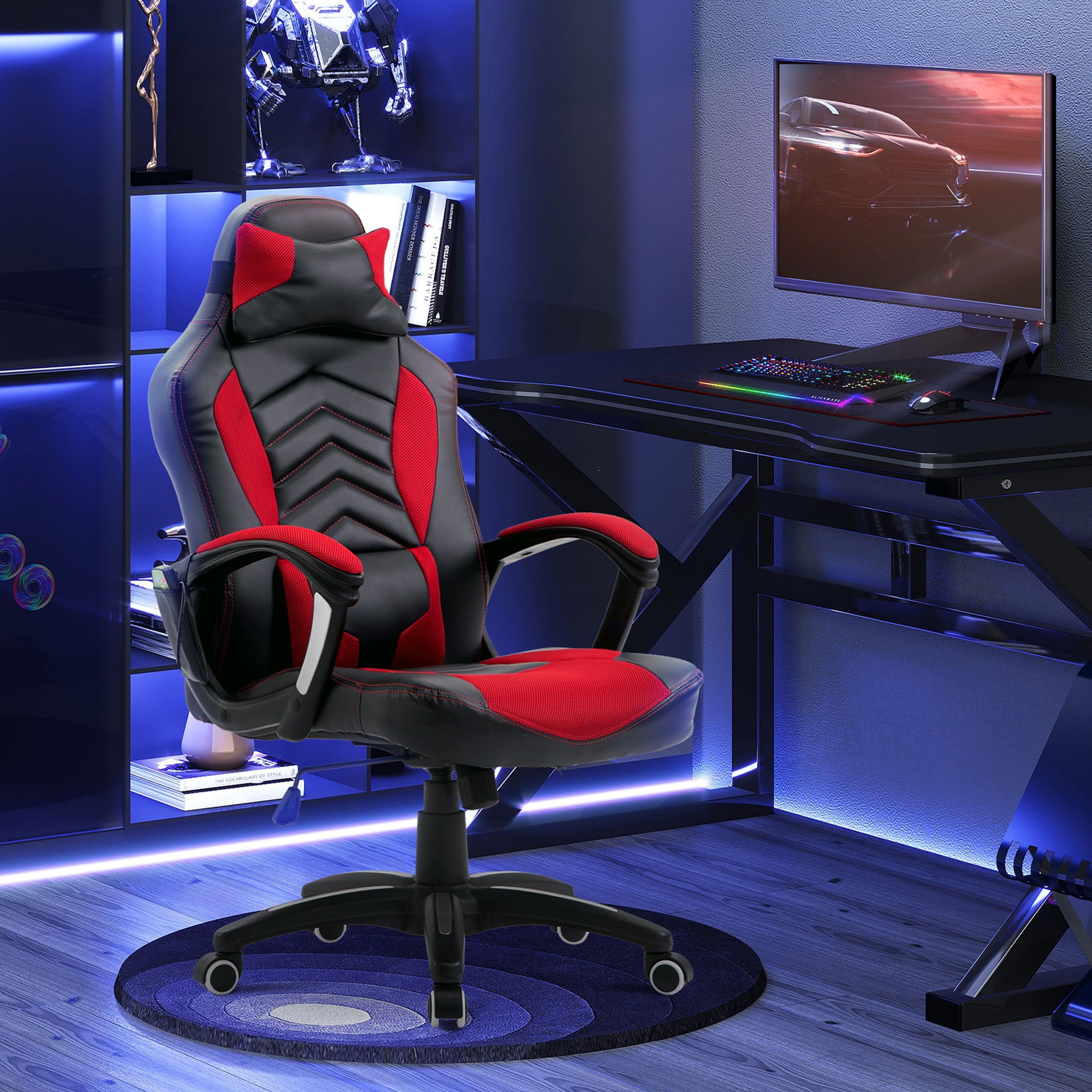 Homcom 6 Vibrating Point Massage Computer Gaming Chair 5 Modes, Racing Style Heated Desk Chair Swivel Rolling Chair With Headrest, Red Black Red Faux Leather