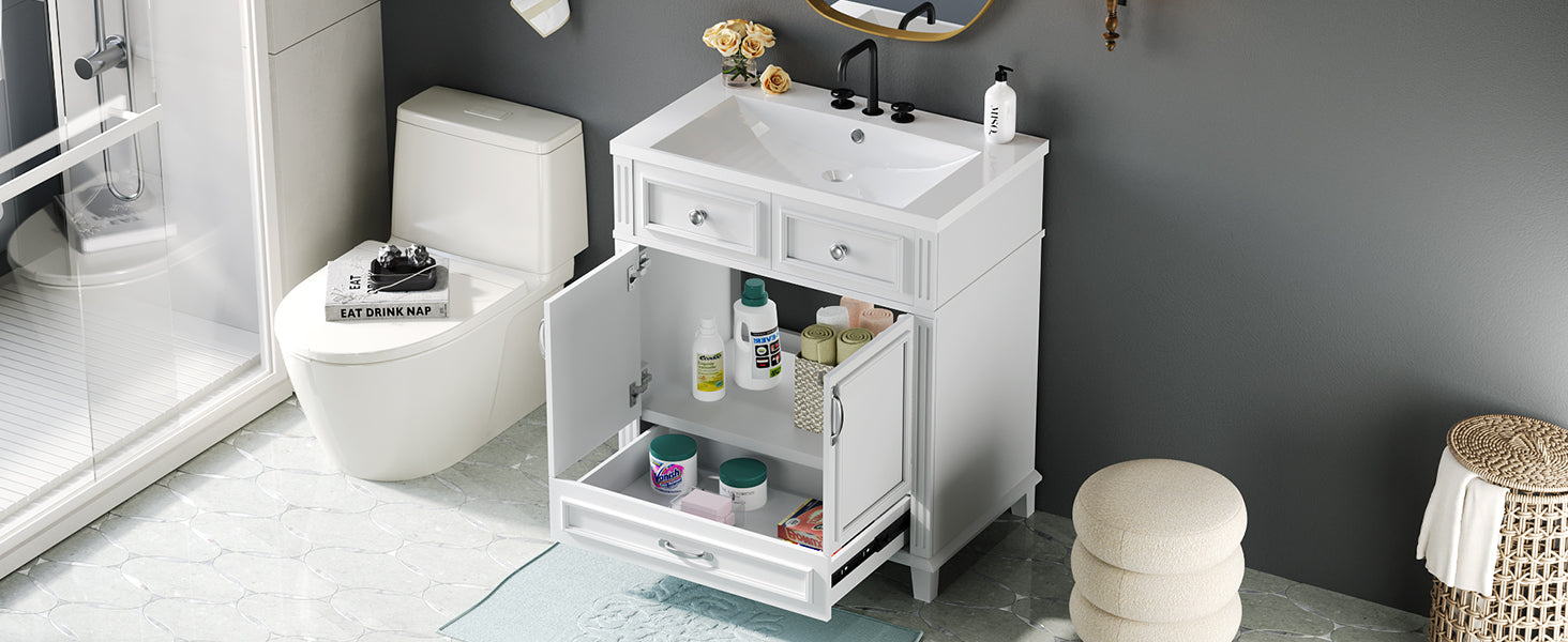 30'' Bathroom Vanity With Resin Sink, Solid Wood Frame Bathroom Storage Cabinet With Soft Closing Doors, Retro Style, White Same As Sw000118Aak White Bathroom Modern Solid Wood Mdf Resin