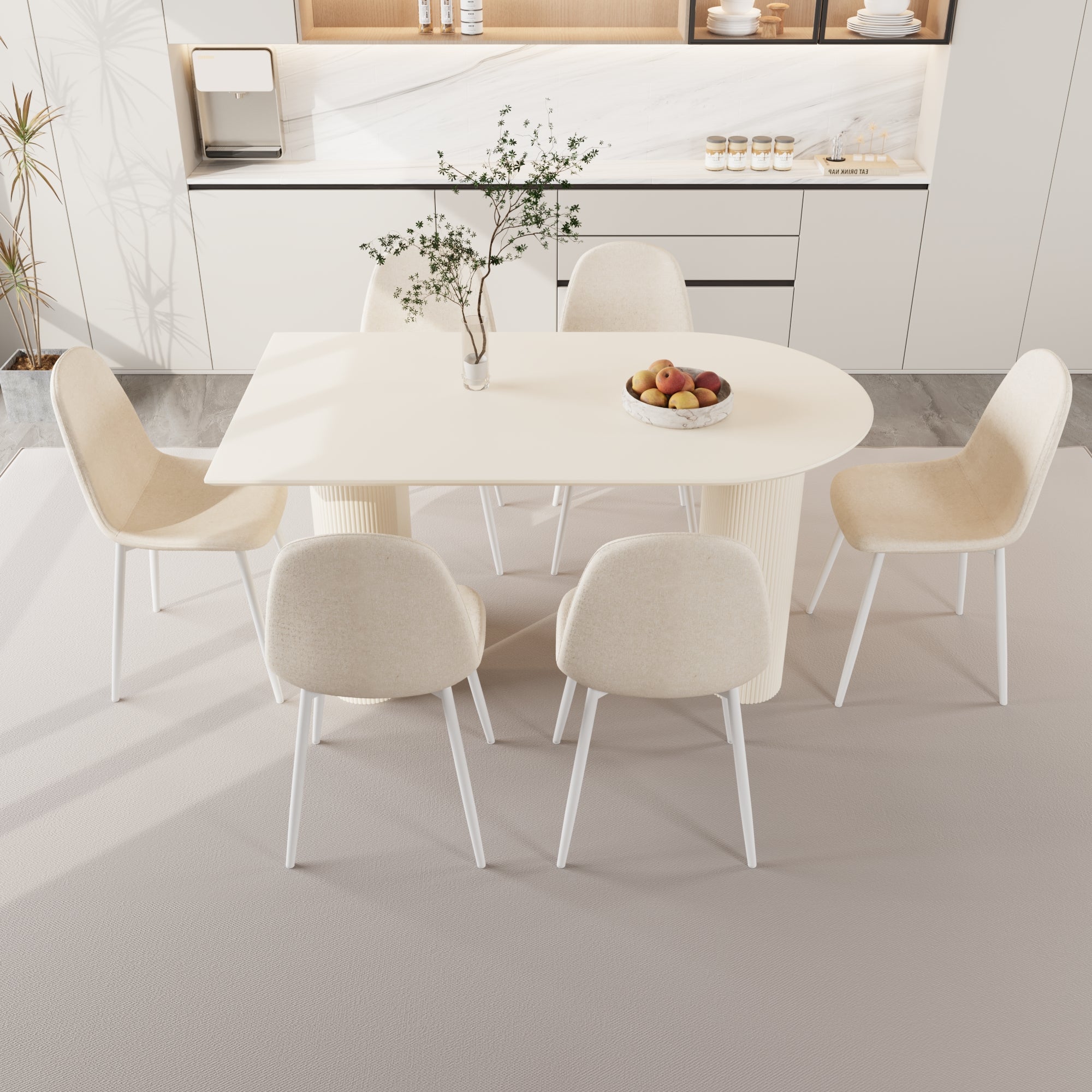 63 " Mdf Cream Style Dining Table And Modern Dining Chair 8 Piece Set, Modern Kitchen Dining Table Set, Round Wave Table Legs, Dining Table And Round Linen Chairs Buy 6 Chairs And Get 2 Free Beige