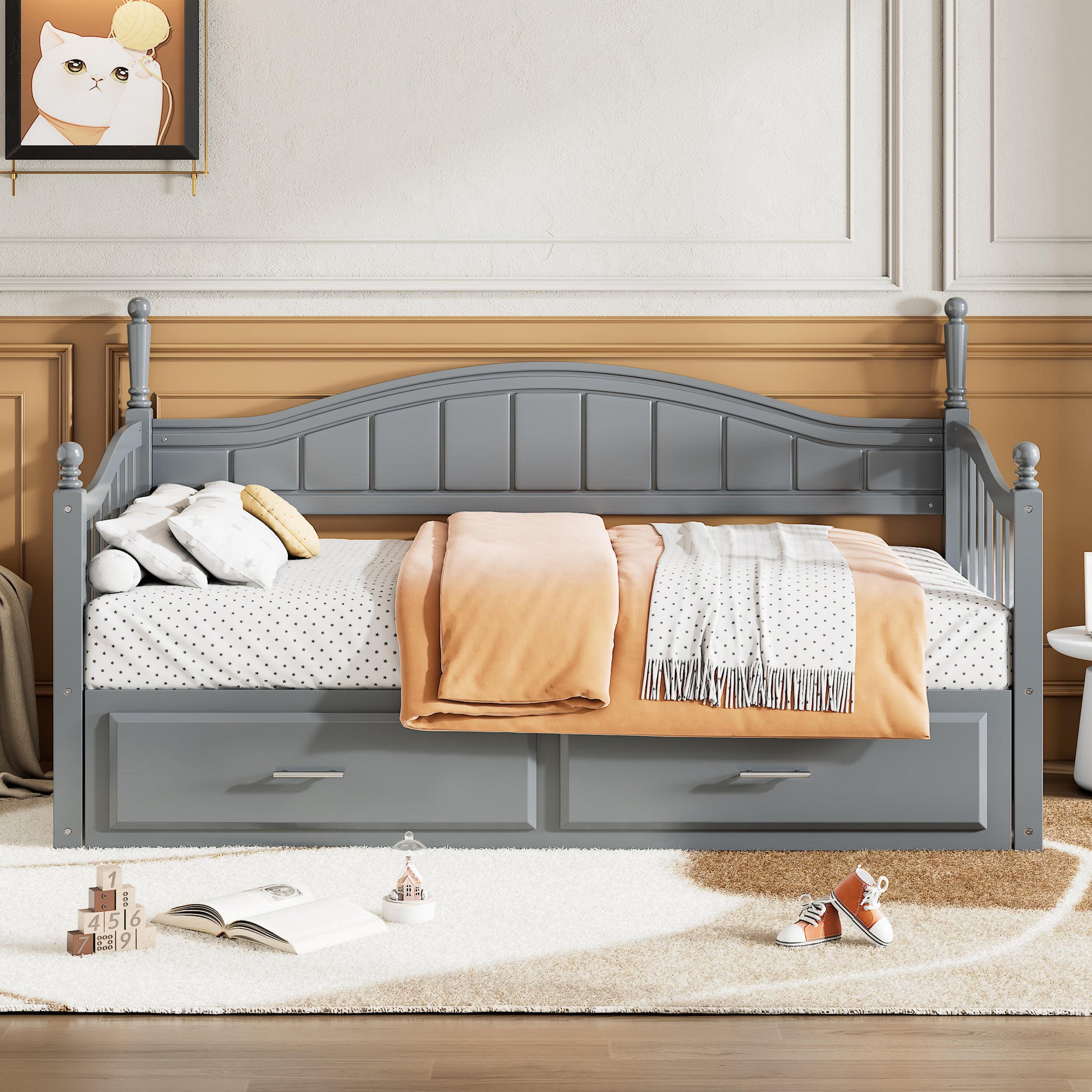 Wooden Twin Size Daybed With Twin Size Trundle, Extendable Daybed With Two Storage Drawers,Gray Expected Arrival Time:9.12 Twin Gray Wood