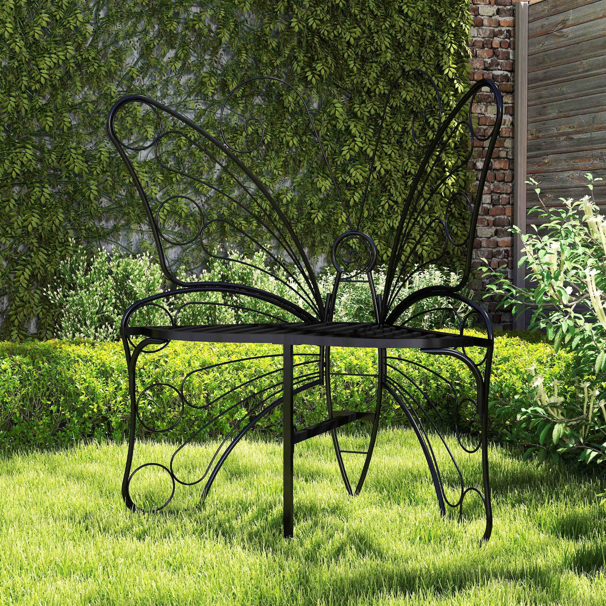 Modern Butterfly Cast Metal Garden Bench, Outdoor Bench Patio Seat, Park Bench Outdoor Seating For Garden, Yard, Park, Entryway Black Garden & Outdoor Metal