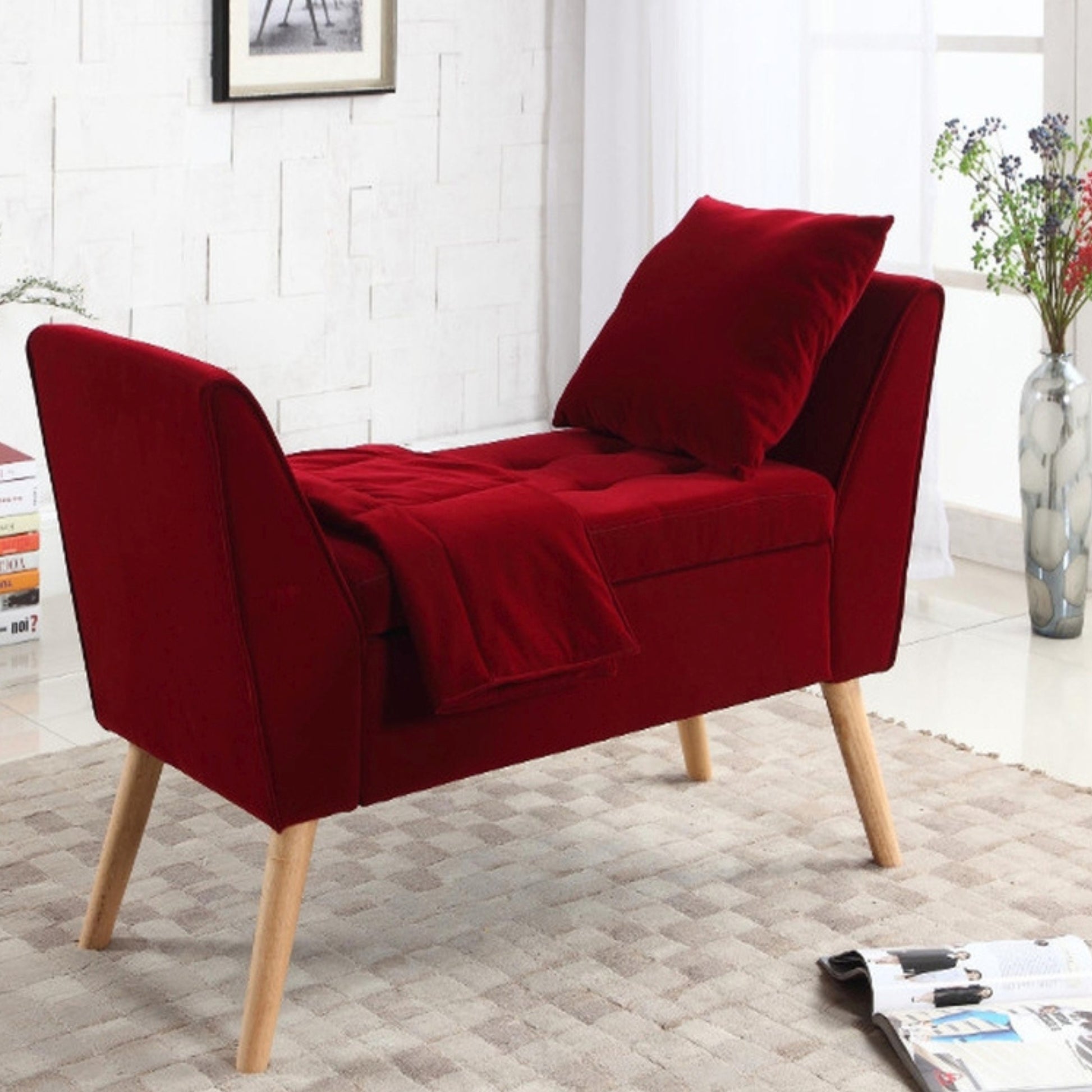 35" Tall Mid Century Design Storage Bench With Additional Pillow And Blanket, Red Red Wood