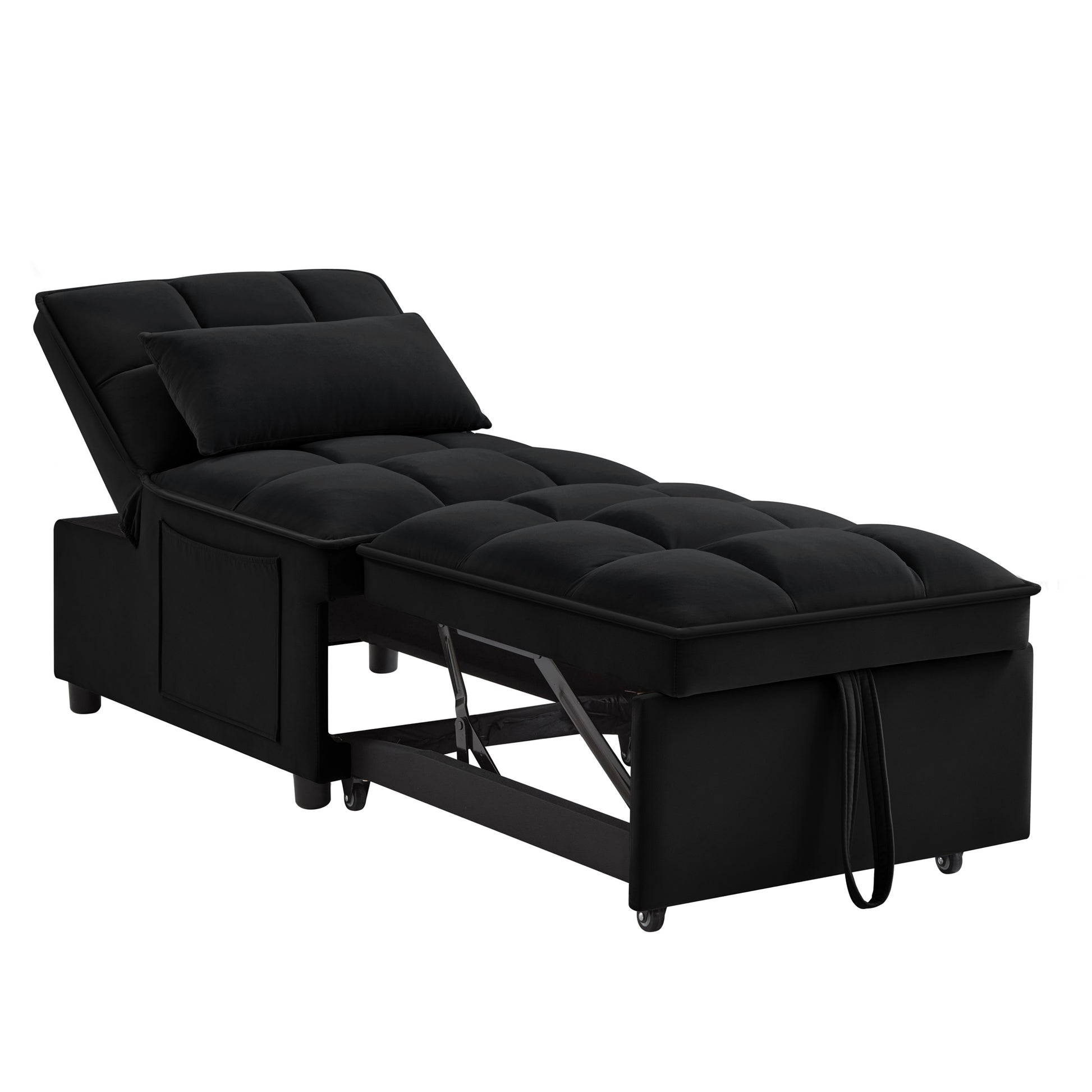 4 In1 Multi Function Single Sofa Bed With Storage Pockets,Tufted Single Pull Out Sofa Bed With Adjustable Backrest And Pillows ,Convertible Chaise Lounge,Black Black Velvet Metal Primary Living Space Medium Soft American Design Armless Foam Velvet 1 Seat
