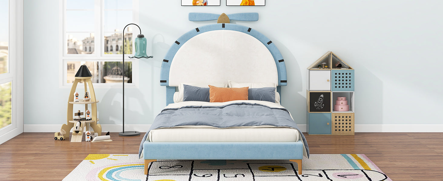 Twin Size Upholstered Platform Bed With Alarm Clock Shaped Headboard, Blue Box Spring Not Required Twin Blue Wood Bedroom Bed Frame Velvet Upholstered
