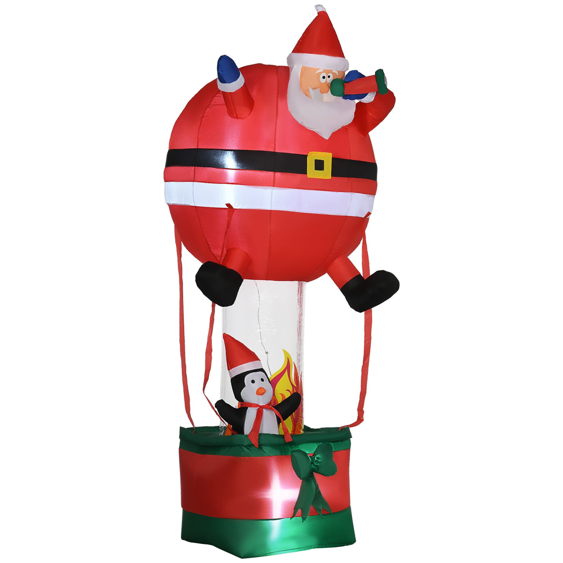 Outsunny 8Ft Christmas Inflatables Outdoor Decorations Santa Claus Hot Air Balloon With Penguin, Blow Up Led Yard Christmas Decor For Lawn Garden Party Red Polyester