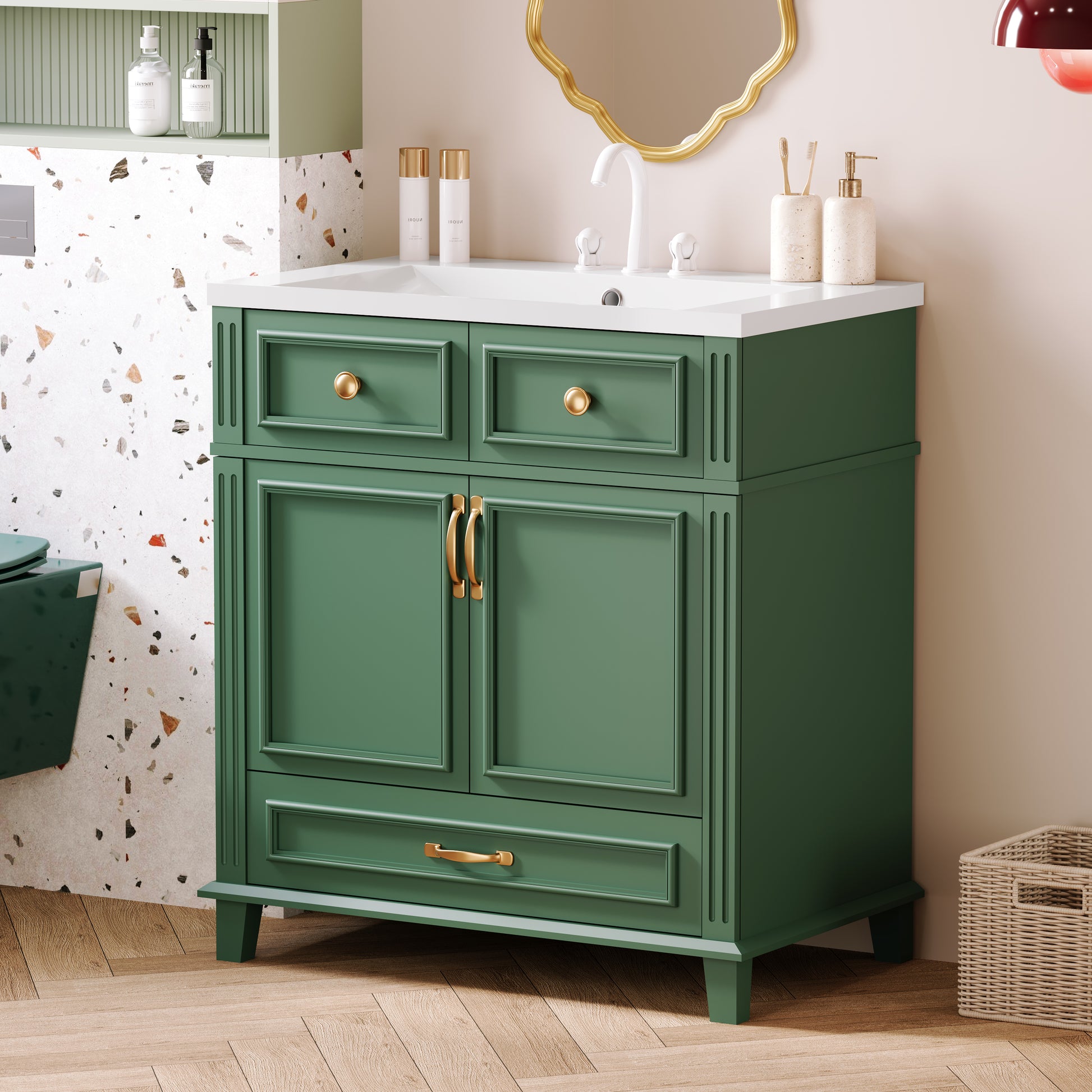 30'' Bathroom Vanity With Resin Sink, Solid Wood Frame Bathroom Storage Cabinet With Soft Closing Doors, Retro Style, Green Same As Sw000118Aaf Green Bathroom Modern Solid Wood Mdf Resin