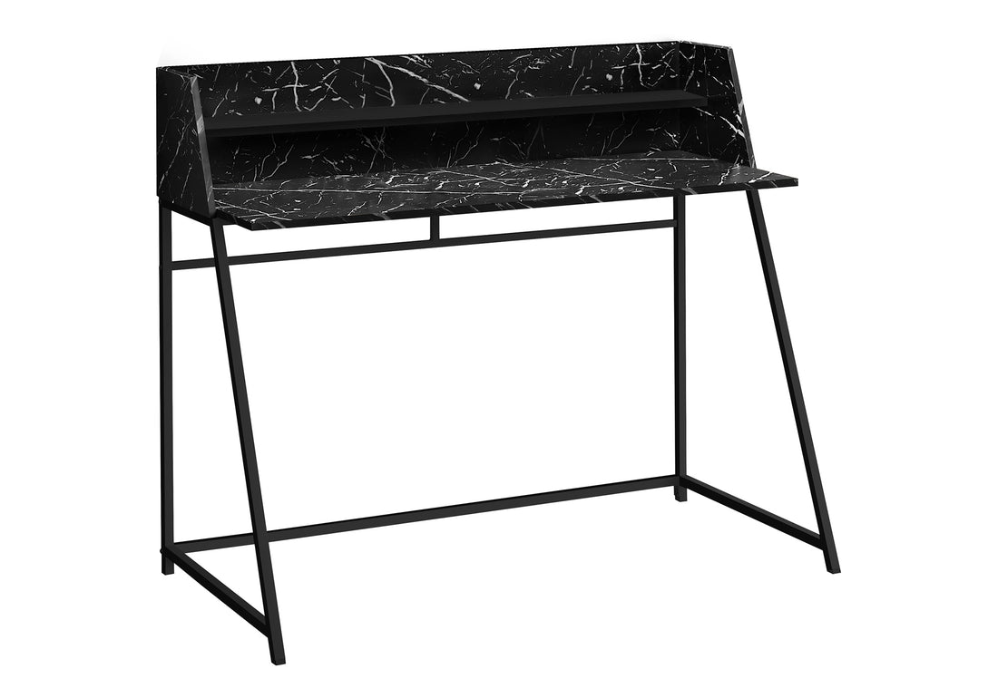 Computer Desk, Home Office, Laptop, Storage Shelves, 48"L, Work, Black Marble Look Laminate, Black Metal, Contemporary, Modern Black Particle Board