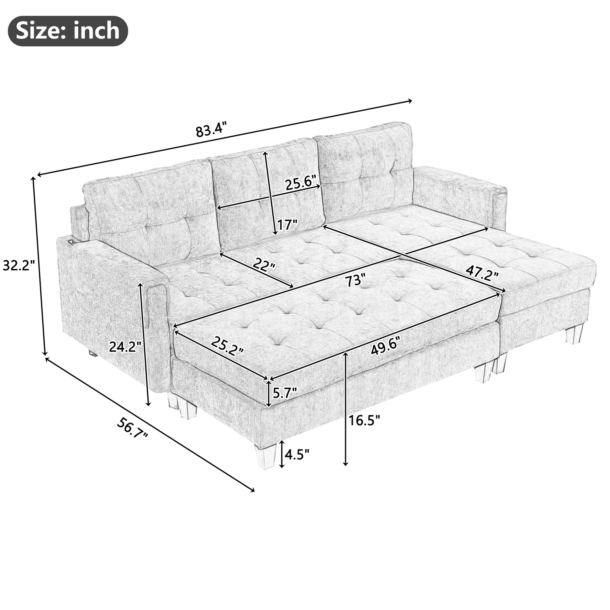 83.4" L Shaped Sofa Sectional Couch Sofa Bed With Two Usb Ports, A Movable Ottoman And A Reversible Chaise Lounge For Living Room, Beige Beige Foam Chenille 5 Seat