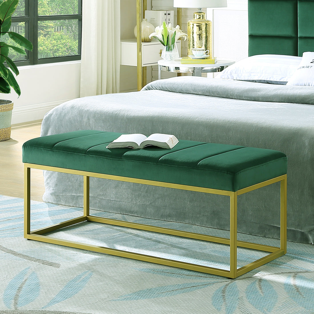 Modern Tufted Channel Entryway Bench Emerald Velvet Upholstered End Of Bed Bench With Metal Frame,Footboard Bench For Living Room, Bedroom Jade Foam Velvet