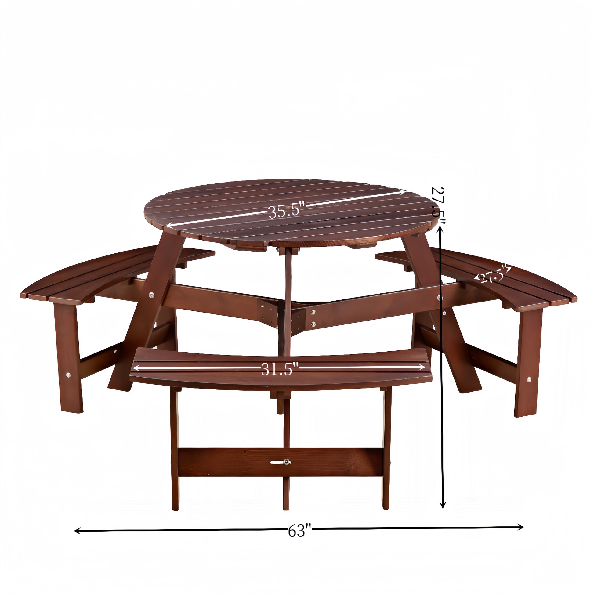 Outdoor 6 Person Picnic Table, 6 Person Round Picnic Table With 3 Built In Benches, Umbrella Hole, Outside Table And Bench Set For Garden, Backyard, Porch, Patio, Brown Brown Wood Metal