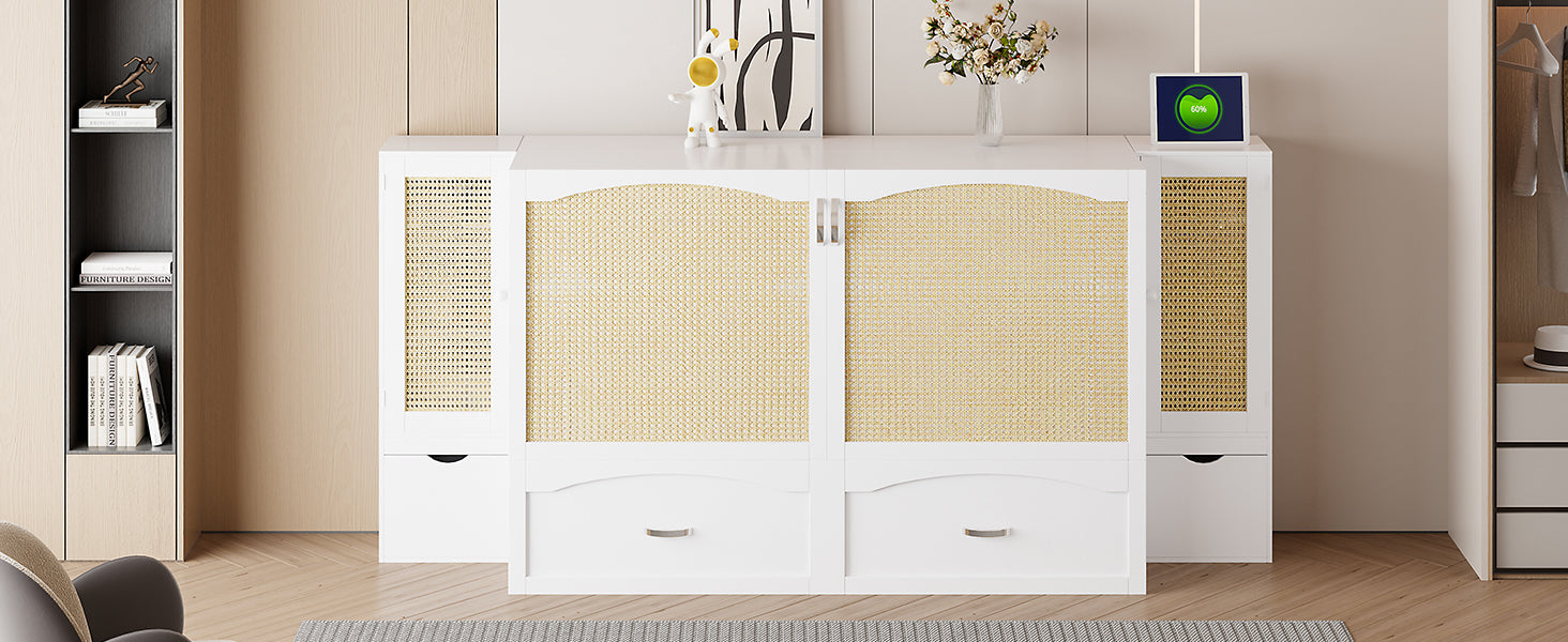 Queen Size Murphy Bed Wall Bed With Drawer And Rattan Decoration With 2 Storage Cabinets, One Set Of Sockets & Usb Ports, Pulley Structure Design, White Queen White Plywood