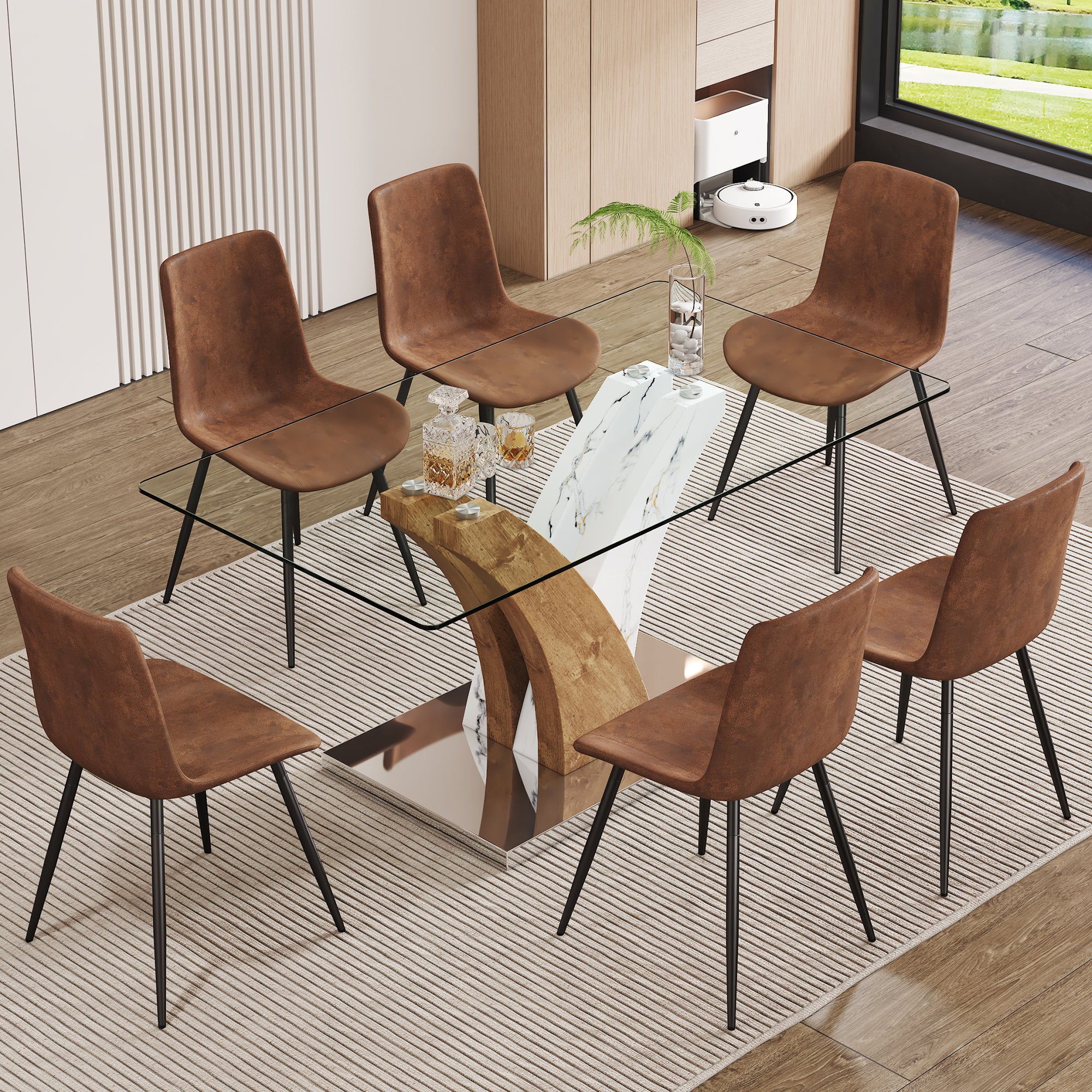 Table And Chair Set.Modern Dining Table, Tempered Glass Countertop With Artistic Mdf Legs.Paried With 6 Brown Chairs With Suede Backrests And Black Metal Legs.Suitable For Various Styles. Black Brown,Transparent Seats 6 Mdf Metal