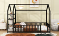 Twin Size Metal House Bed With Fence And Detachable Storage Shelves, Black Twin Black Metal