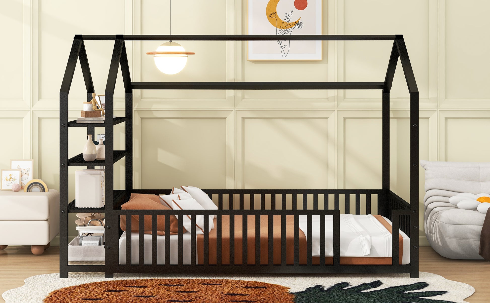 Twin Size Metal House Bed With Fence And Detachable Storage Shelves, Black Twin Black Metal
