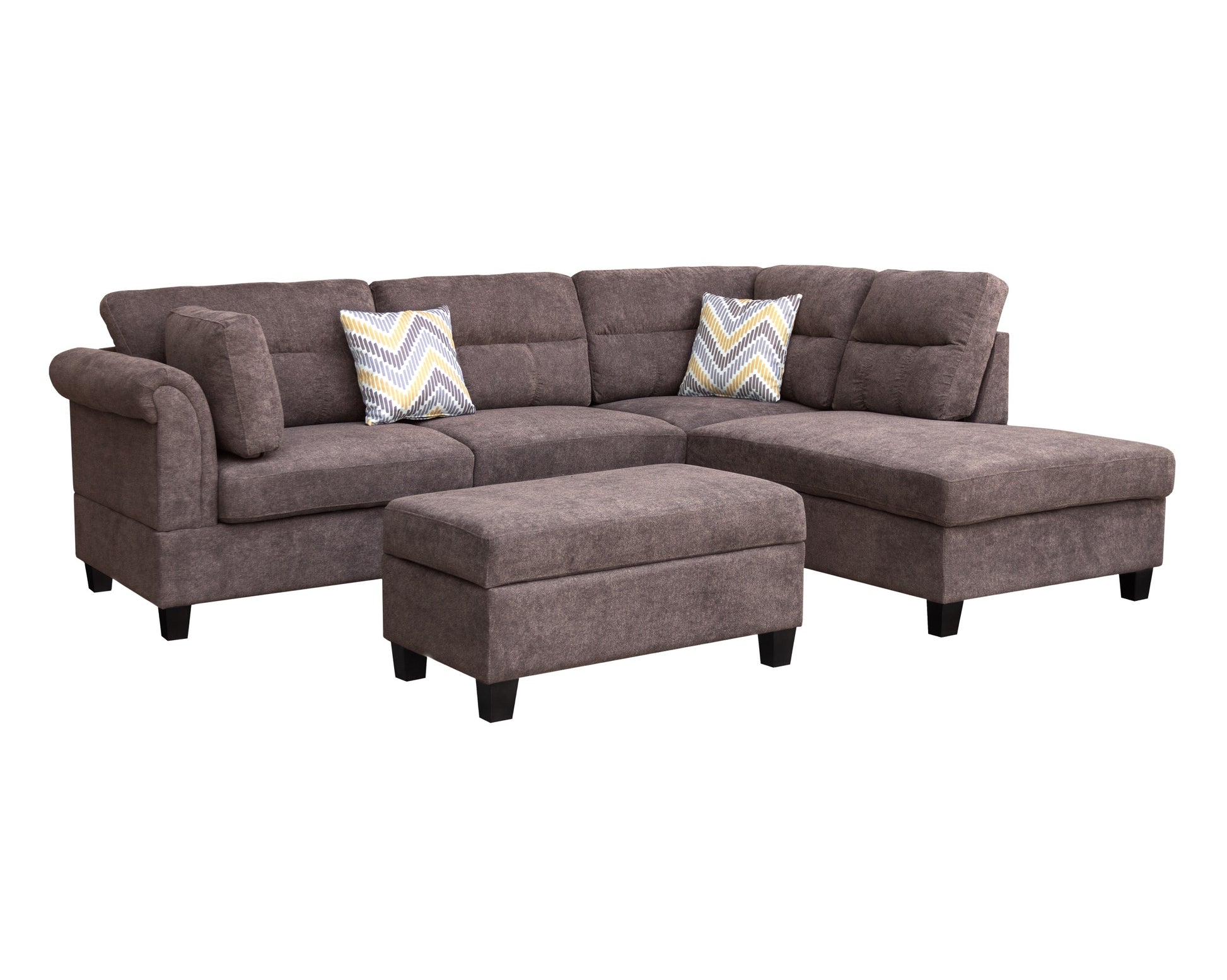 Diego 103.5"W Dark Brown Fabric Sectional Sofa With Right Facing Chaise, Storage Ottoman, And 2 Accent Pillows Dark Brown Fabric 5 Seat