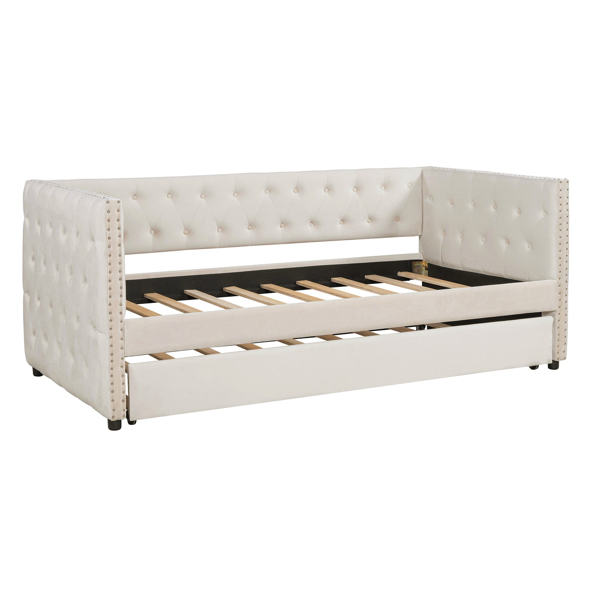 Twin Size Tufted Upholstered Daybed With Trundle, Velvet Sofabed With Rivet Design, No Box Spring Needed,Beige Twin Beige Velvet