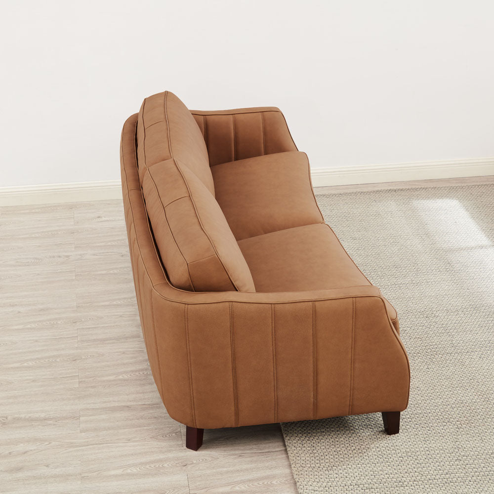 Aria Top Grain Leather Sofa Couch Brown Genuine Leather Wood Primary Living Space Medium Firm Cushion Back Mid Century Modern Eucalyptus Square Arms Down Filling Leather 3 Seat