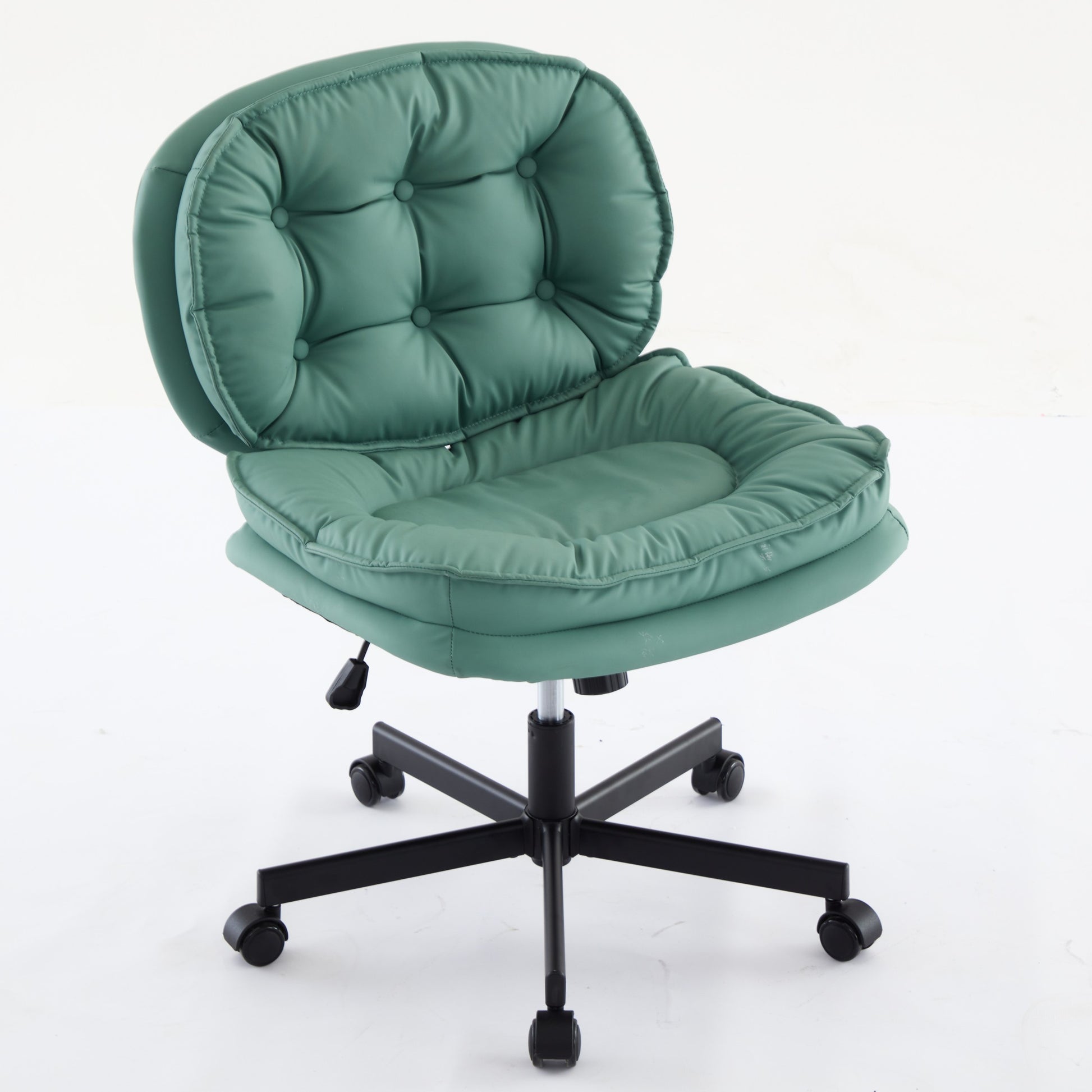 Armless Office Desk Chair With Wheels: Pu Leather Cross Legged Wide Chair,Comfortable Adjustable Swivel Computer Task Chairs For Home,Office,Make Up,Small Space,Bed Room Green Antique Fiber Foam And Polyester Fiber Pad Pvc