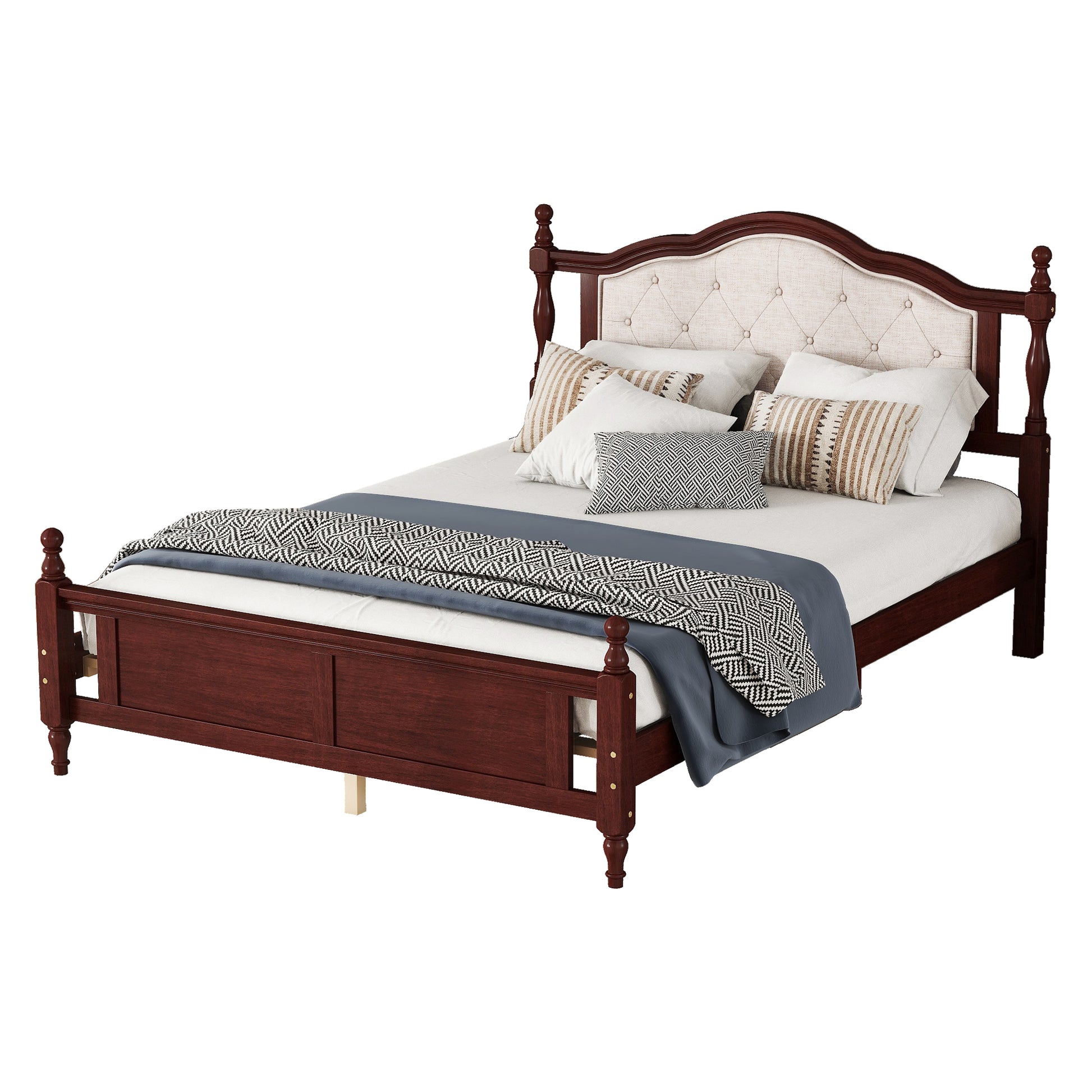 Queen Pine Wooden Bed With Upholstered Headboard And Panel Footboard, With Two Bed Rail Support Feet And Central Platform Support Feet ,Classic Cherry Queen Cherry Pine
