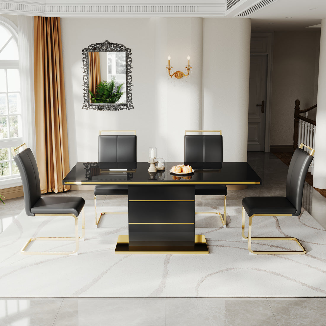 Mdf Dining Table,Panel Stainless Steel Polished Gold Plated Bar, Need To Hit Copper Nails,Table Size: 62.99" L X 35.43" W X 29.92" H Black Mdf