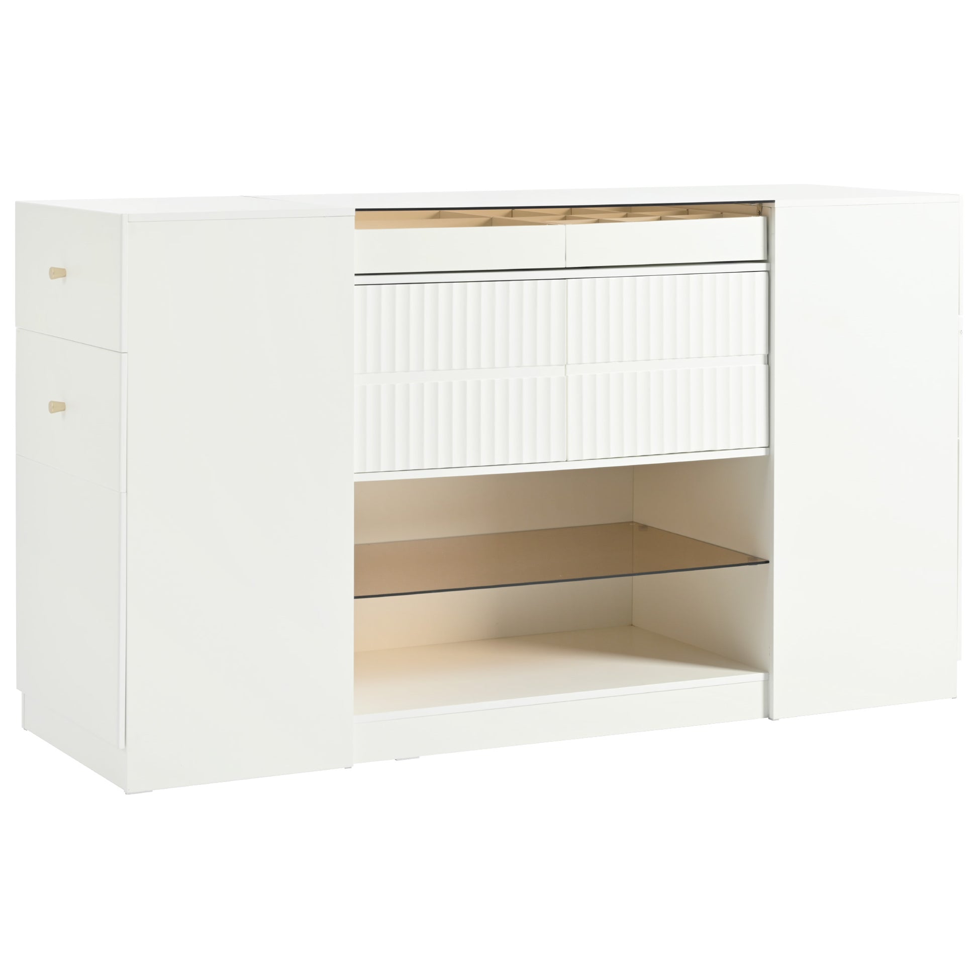 Modern Luxury Multi Functional Island Vanity Dresser And Storage Cabinet With Glass Tabletop, Display Shelf,6 Drawers For Walk In Wardrobe And Bedroom Cream White Mdf Glass