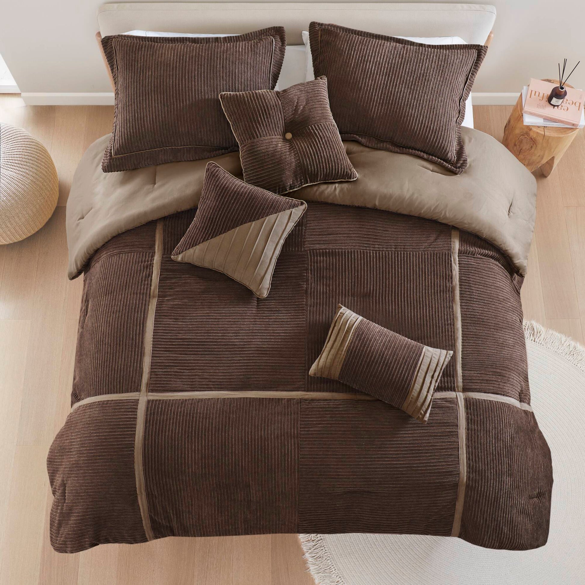 7 Piece Micro Corduroy Comforter Set Brown King Brown Polyester