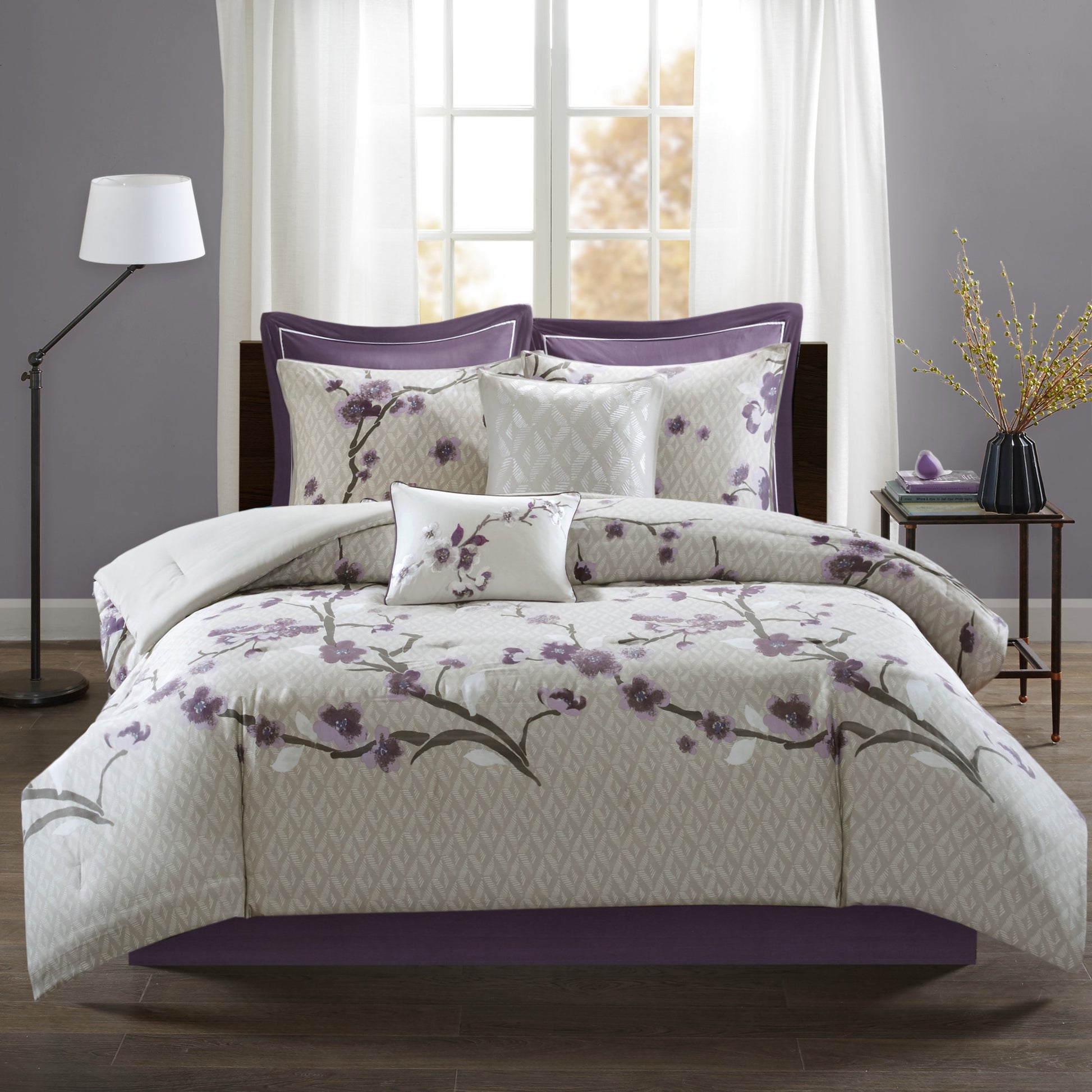 8 Piece Cotton Comforter Set Purple Taupe King King Purple Taupe Polyester
