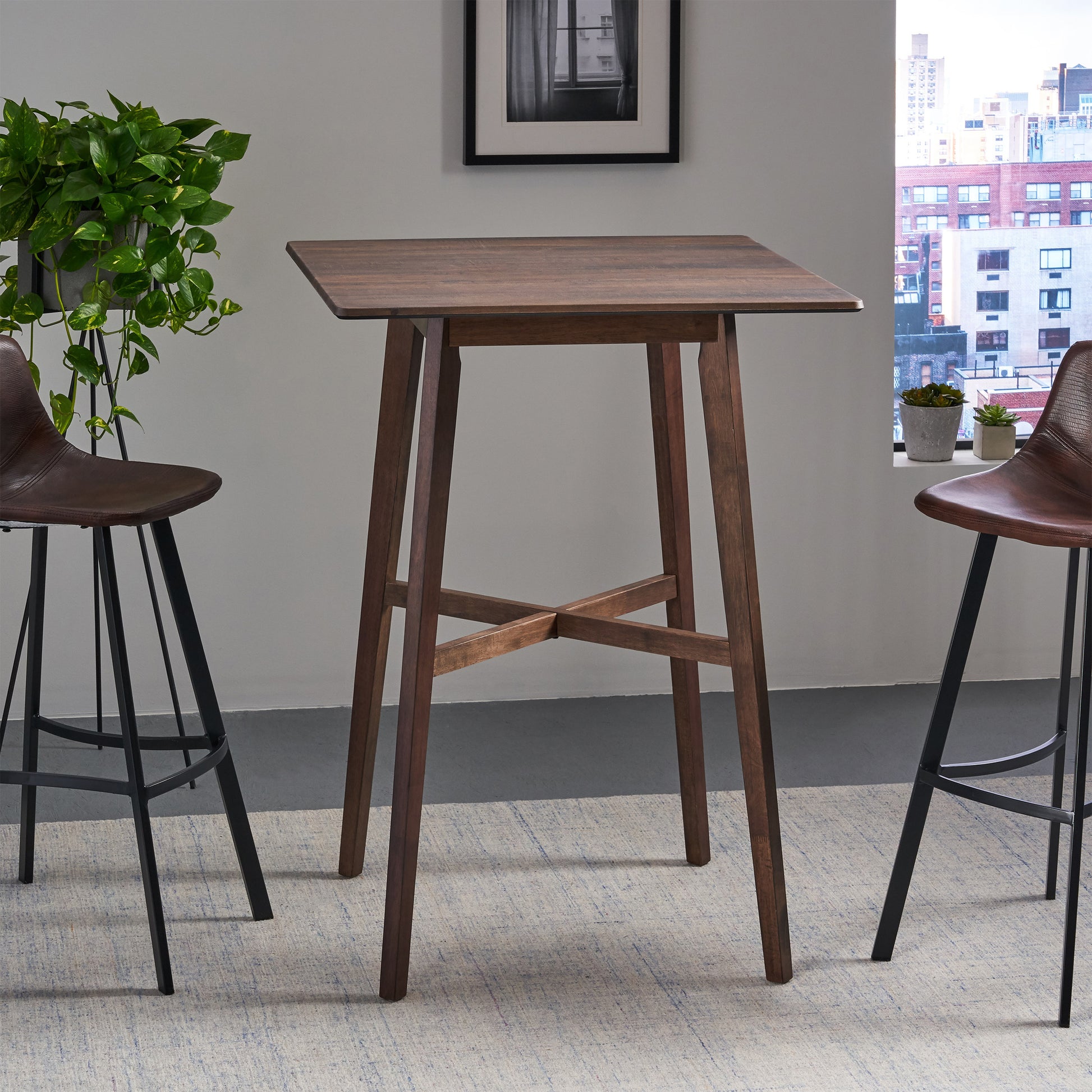 Modern Bar Height 42" Dining Table, Rubberwood Legs And Laminate Table Top, Walnut Finish, Black Walnut Mdf