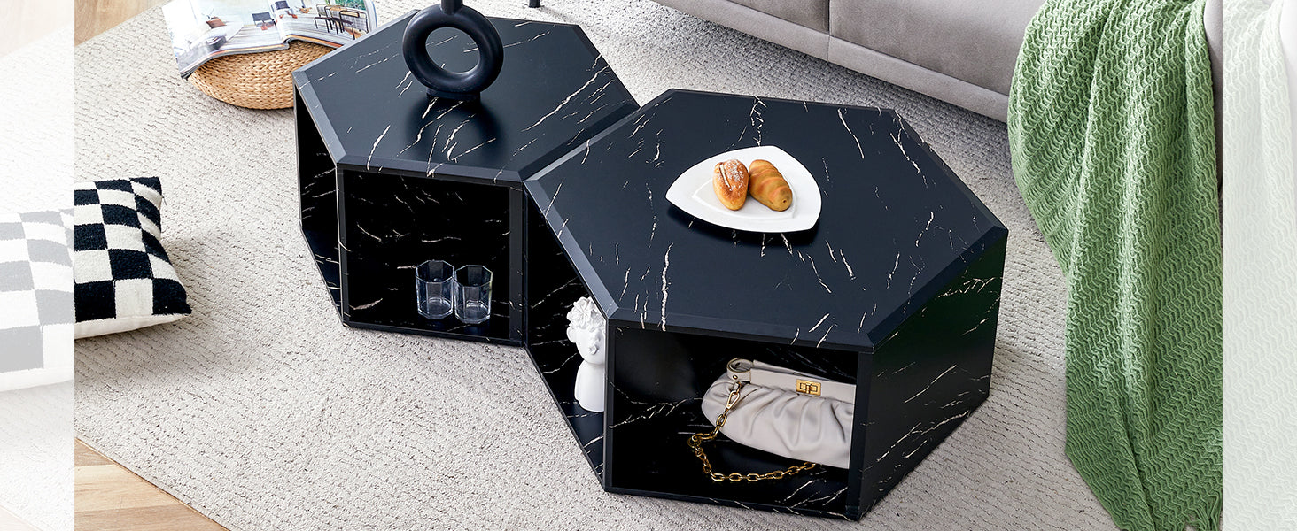 Modern Minimalist Black Hexagonal Coffee Table Set.Hexagonal Mdf Coffee Table, Characteristic Pattern Stickers, Multi Hole Design To Give More Storage Space.Two Coffee Tables Of Different Sizes.